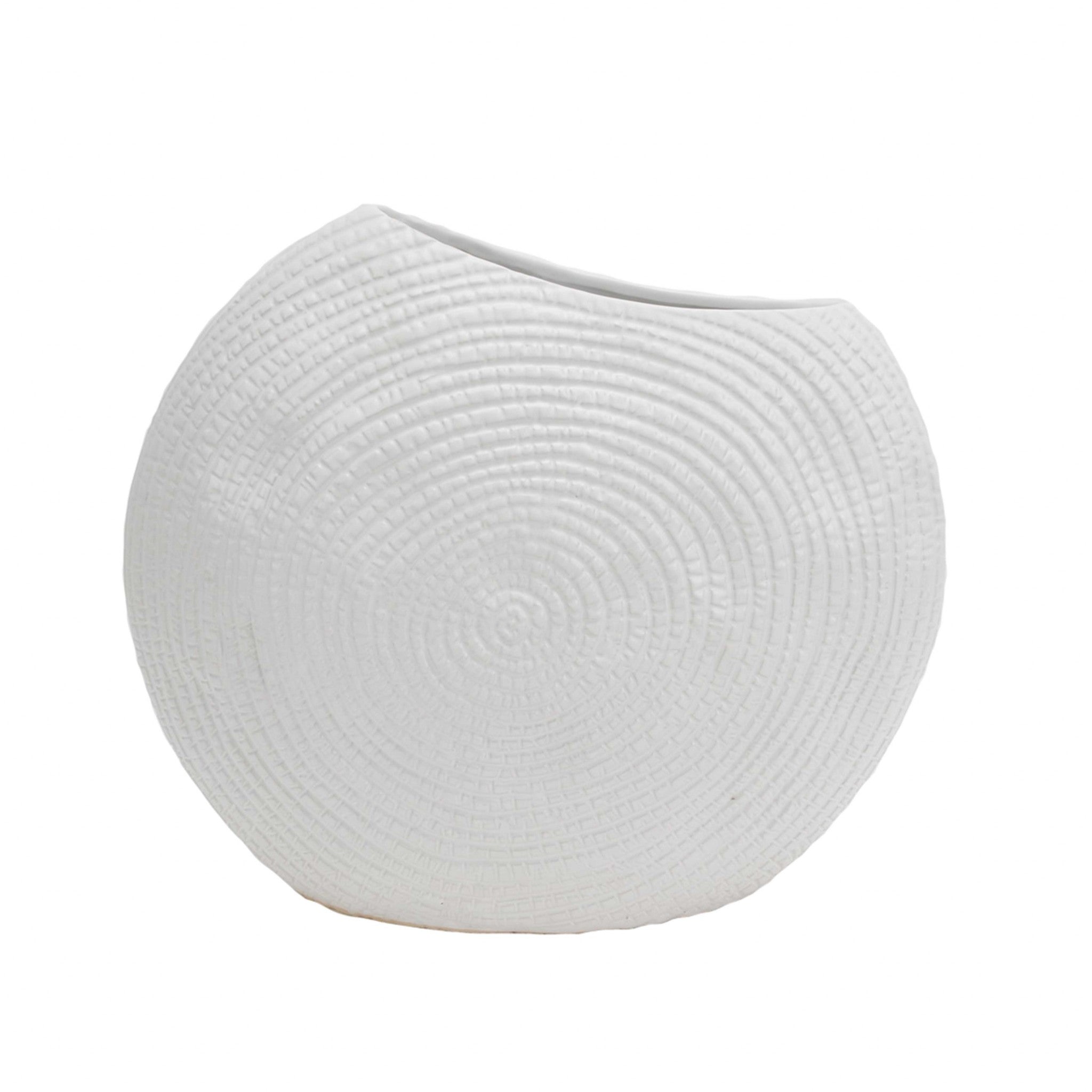 Engraved Textured Ceramic Vase with Curvy Opening, Small, Matte White