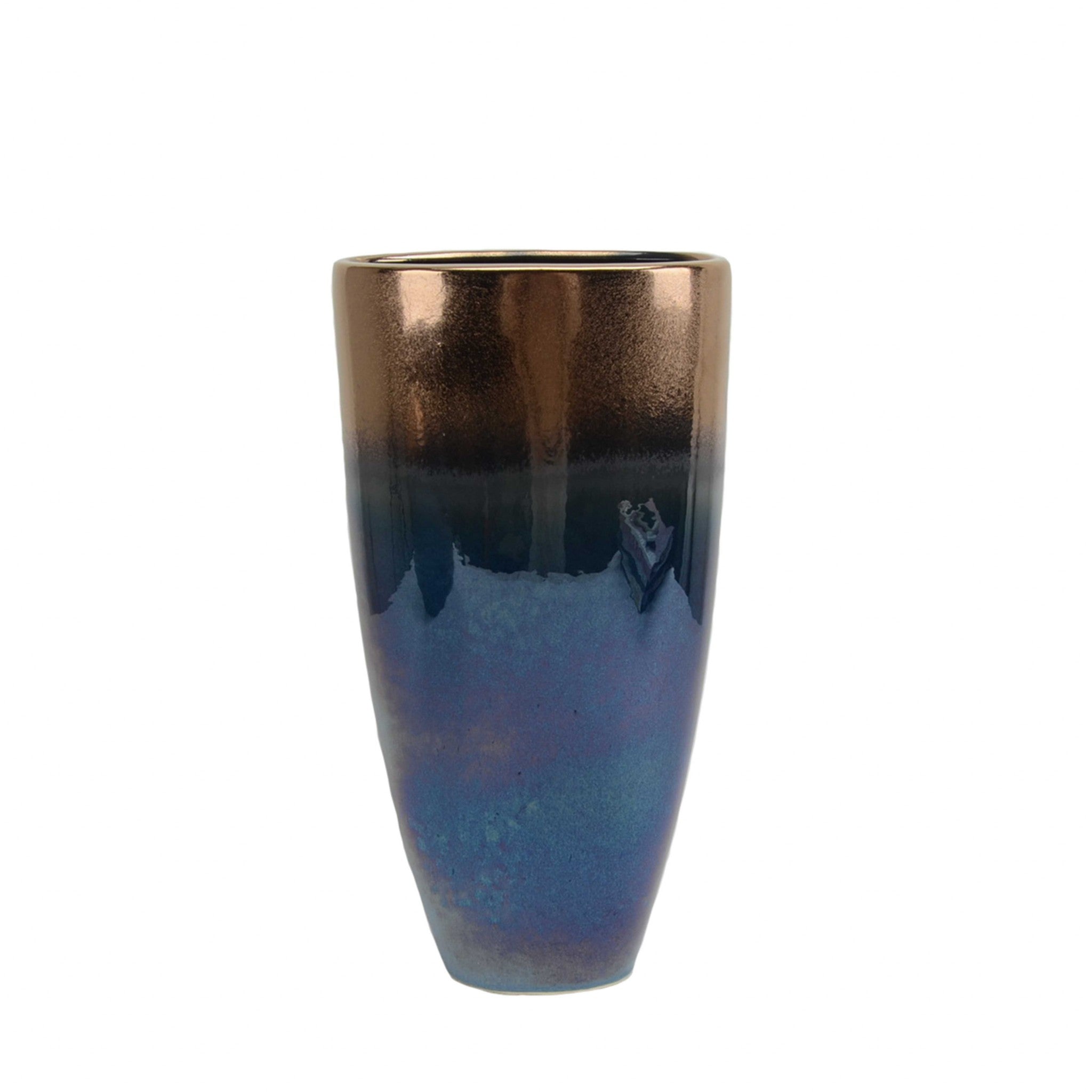 Ceramic Ombre Vase with Wide Top and tapered Bottom, Small, Copper and Blue