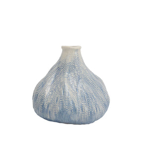 Distorted Textured Ceramic Vase with Narrow Opening, Small, Blue and White