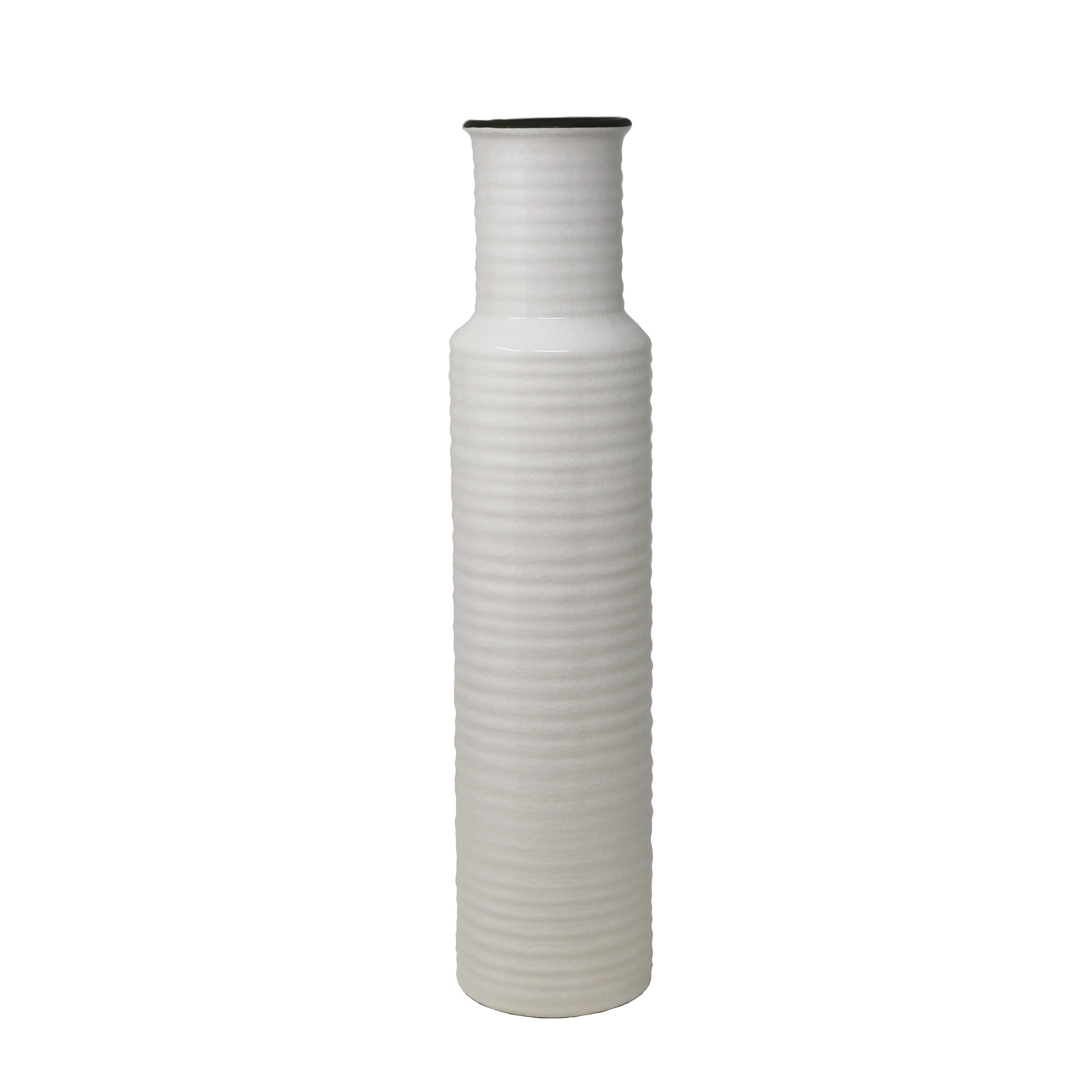 Ribbed Pattern Cylindrical Ceramic Vase with Flared Mouth Rim, White