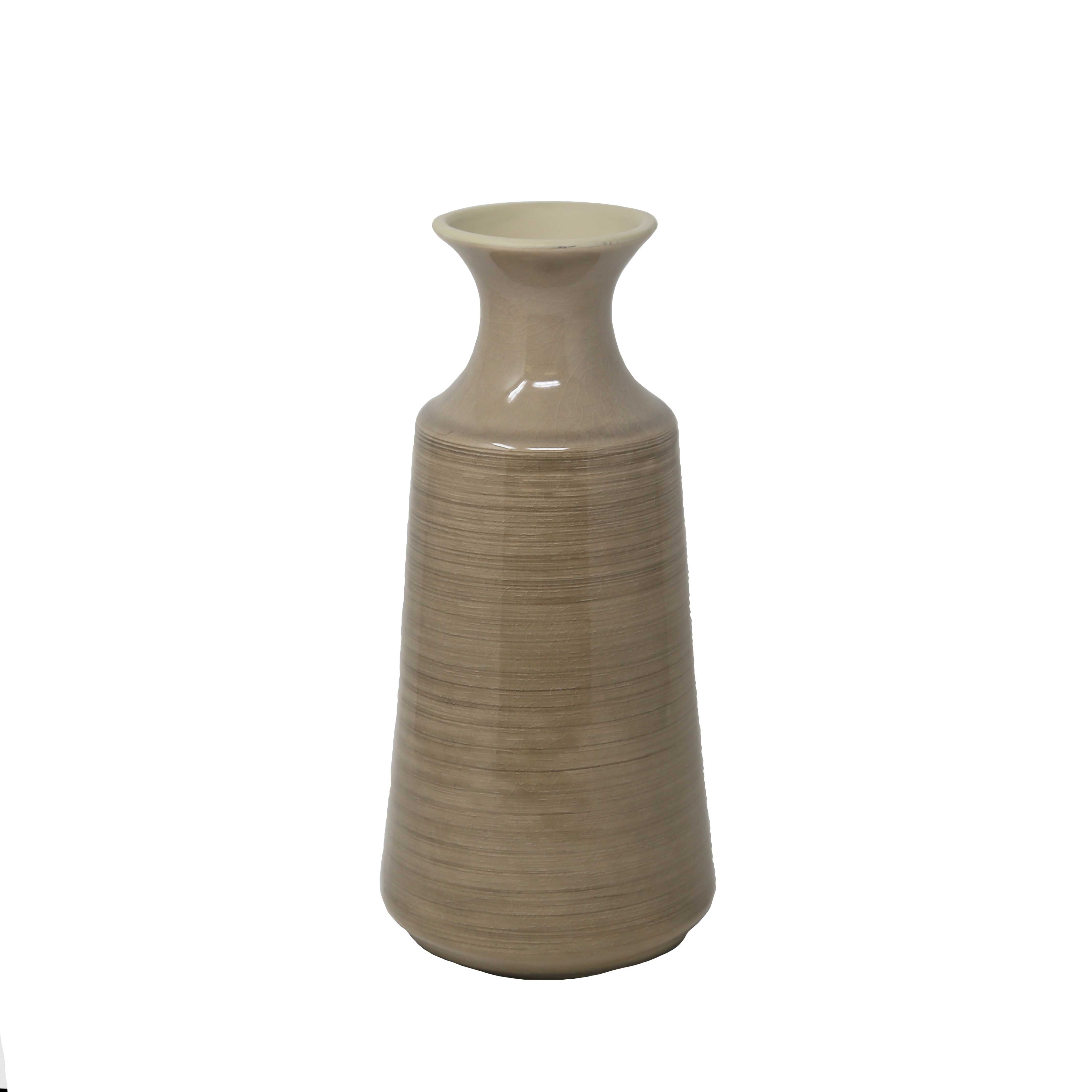 Decorative Ceramic  Vase with Curved Neck and Flared Mouth Rim, Glossy Beige