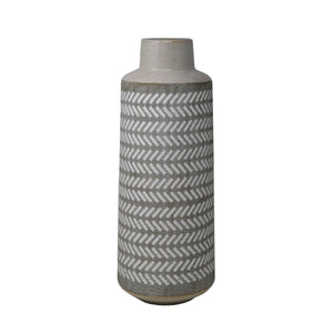 Etched Texture Decorative Ceramic Vase with Round Top and Tapered Base, Large, Gray and White