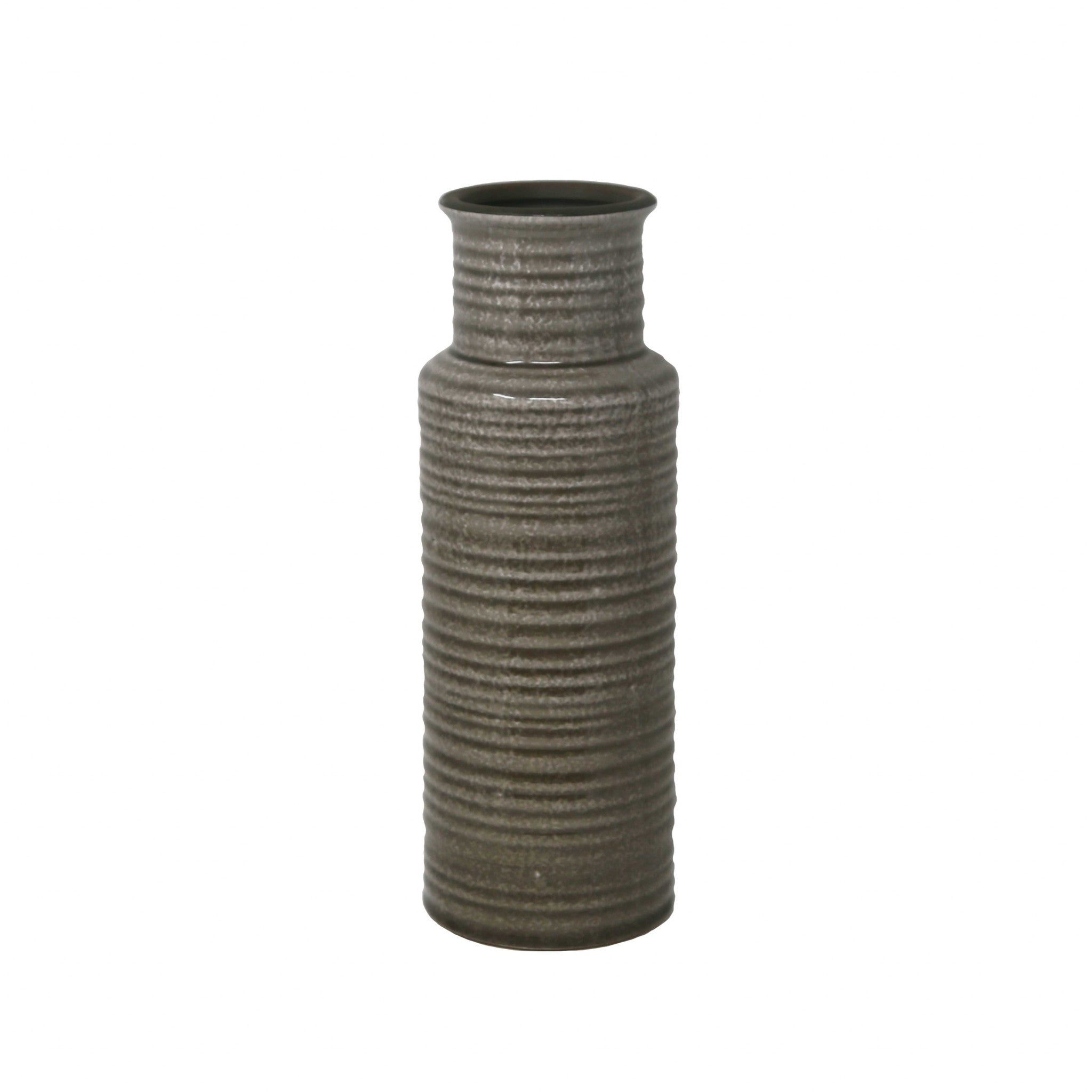 Ribbed Pattern Cylindrical Ceramic Vase with Flared Mouth Rim, Gray, Small