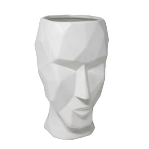 Ceramic Face Art Sculptured Vase with Flat Base, White