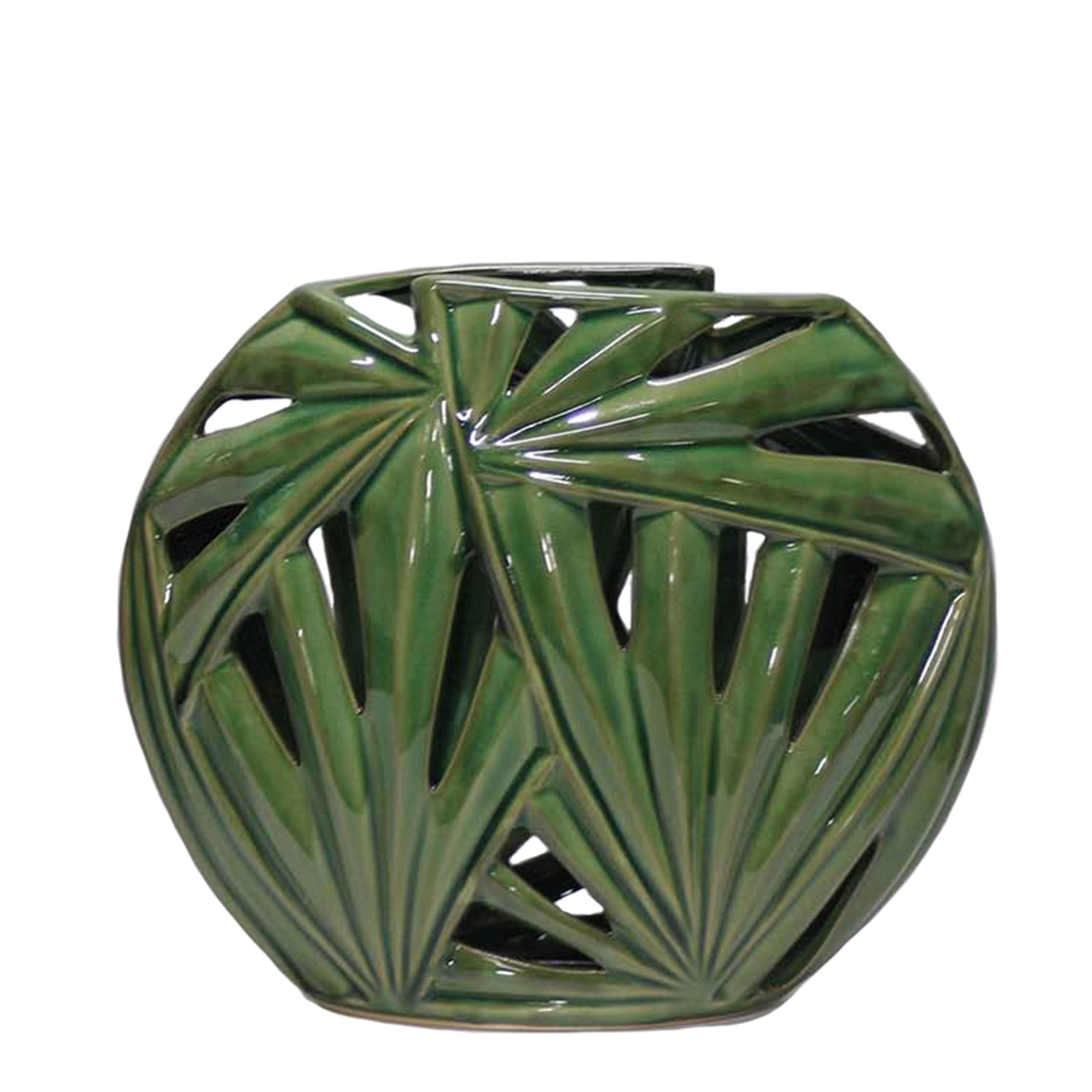 Ceramic Palm Leaf Vase with Hollow Interior and Flat Base, Small, Green