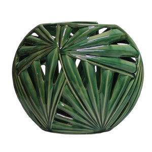 Ceramic Palm Leaf Vase with Hollow Interior and Flat Base, Large, Green