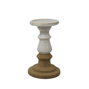 Pedestal Style Ceramic Candle Holder with Speckle Texture, Small, White and Beige