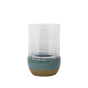 Glass Hurricane Candle Holder with Dual Tone Ceramic Base, Teal Blue and Beige