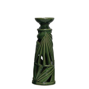 Ceramic Palm Leaf Candle Holder with Hollow Base and Wide Circular Top, Medium, Green