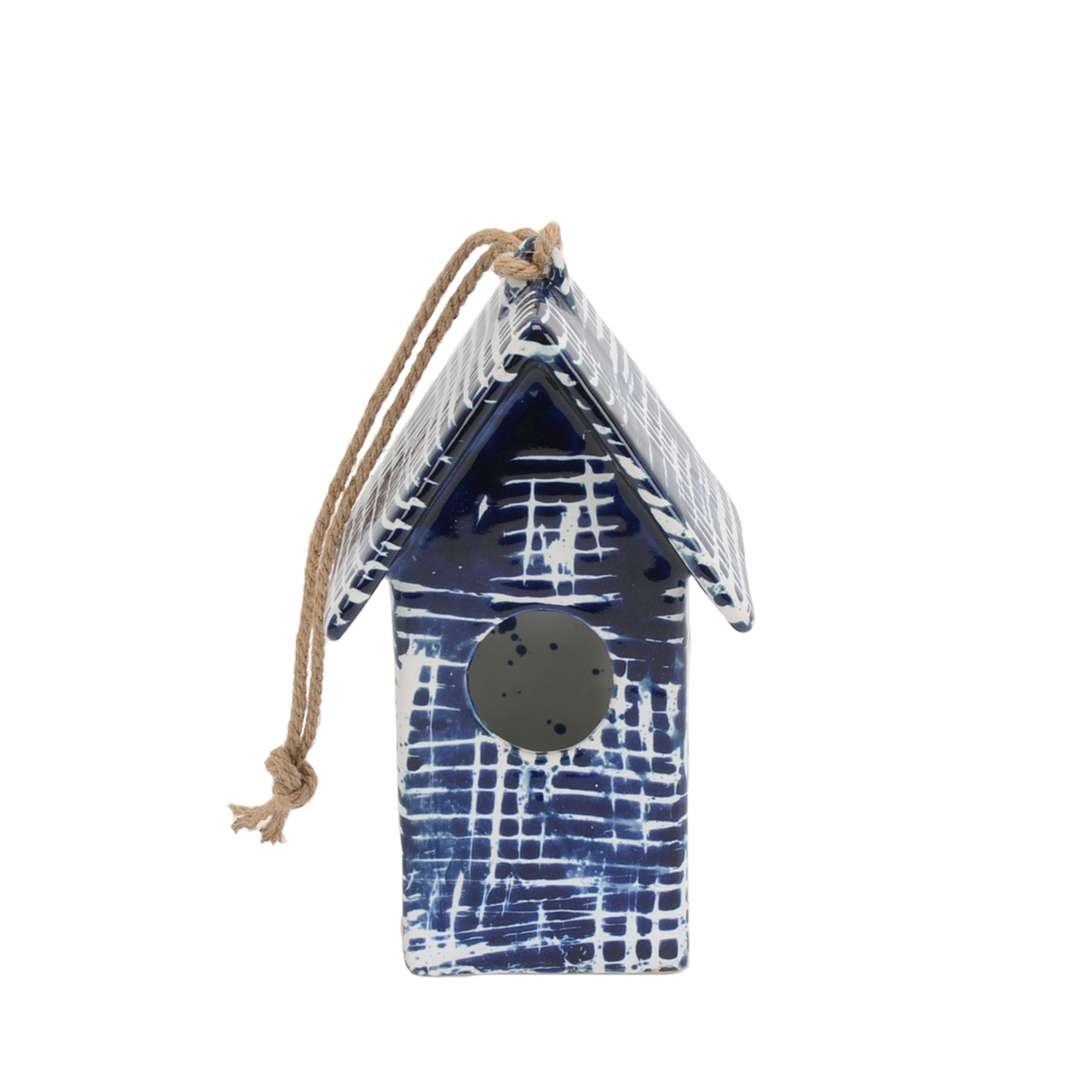 Textured Ceramic Birdhouse with Rope Hanger, Blue and White