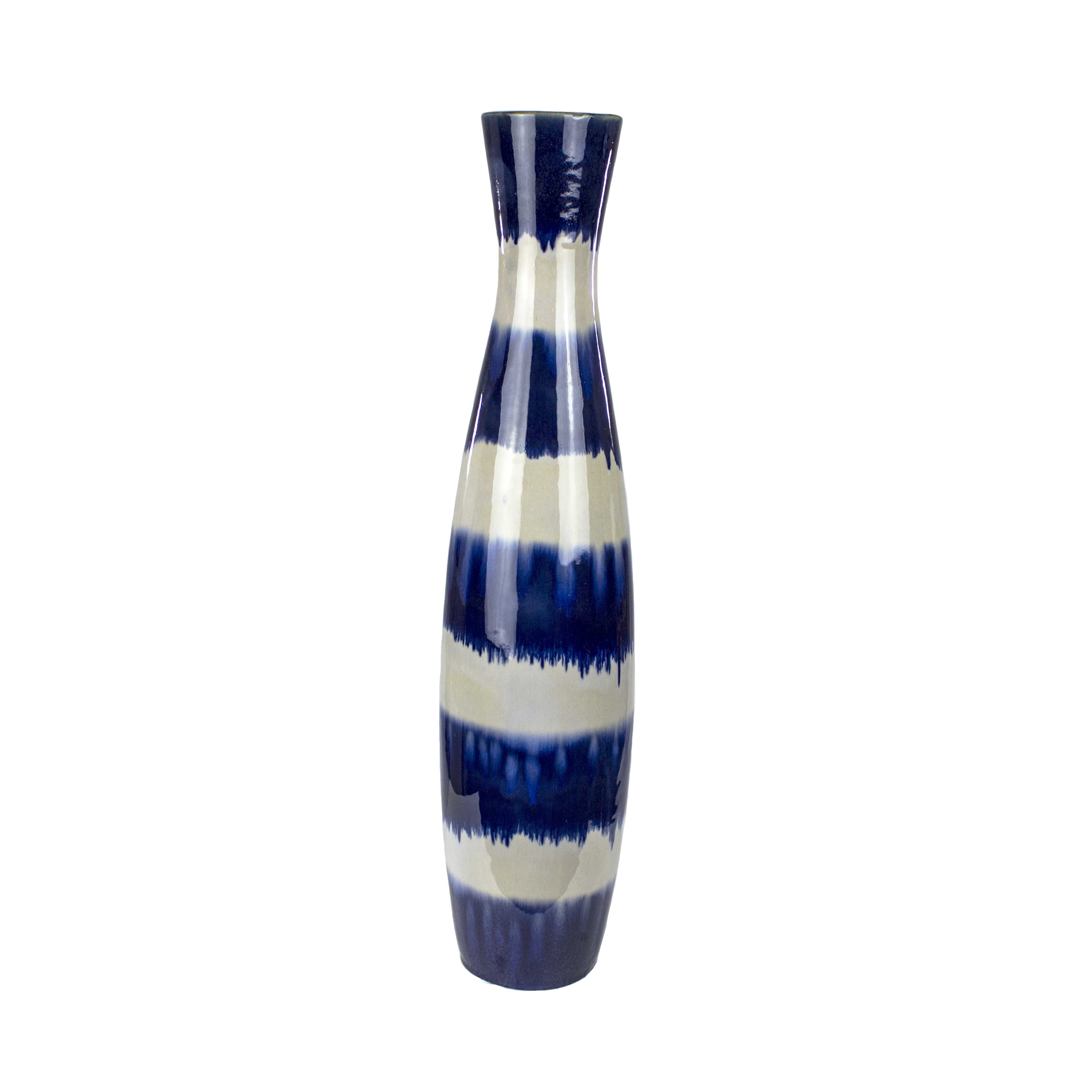 Horizontal Striped Patterned Decorative Ceramic Vase with Flared Top, White and Blue