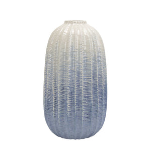 Decorative Ceramic Vase with Engraved ribbed Texture, Blue and White