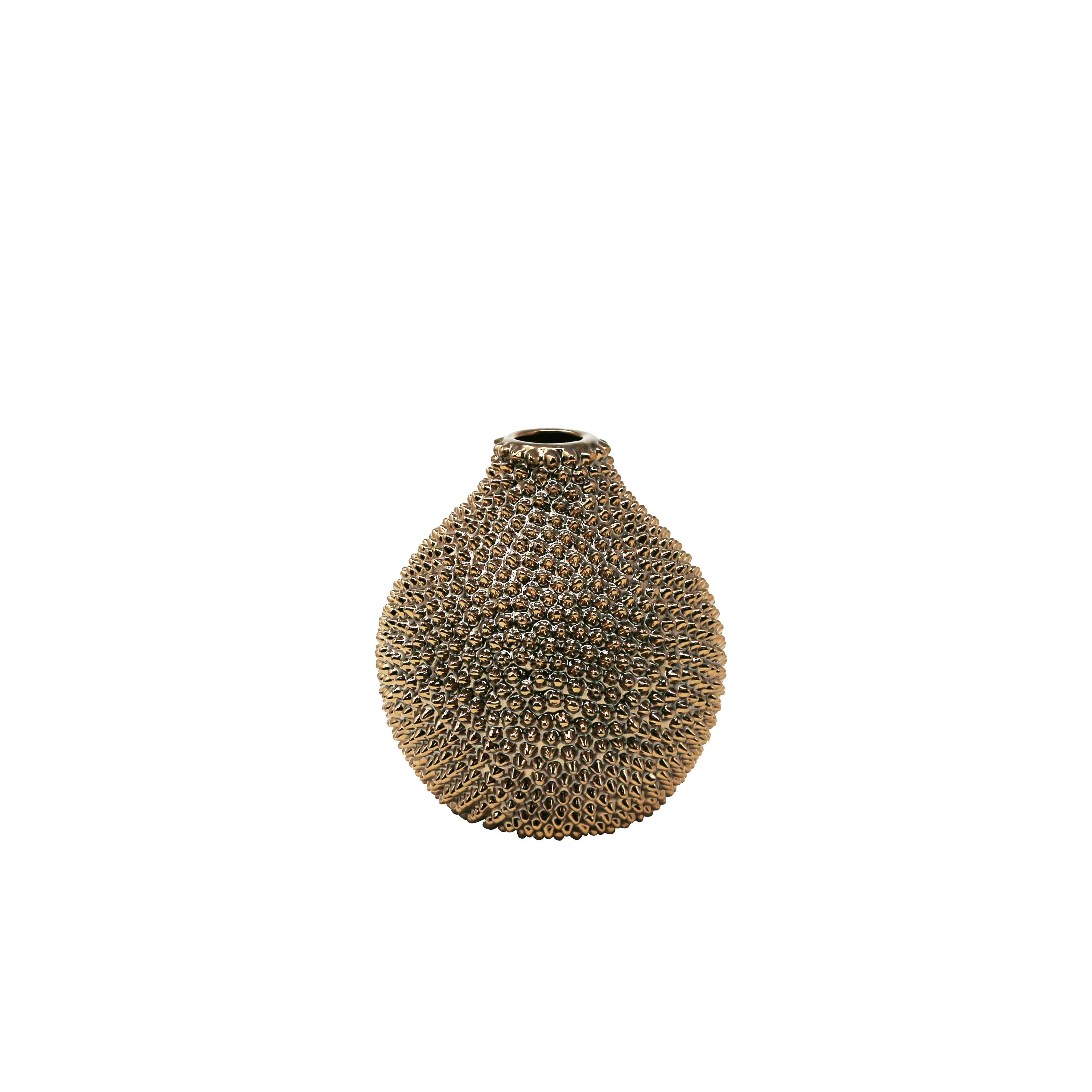 Modern Style Ceramic Vase with Spiked Texture and Round Top, Medium, Bronze