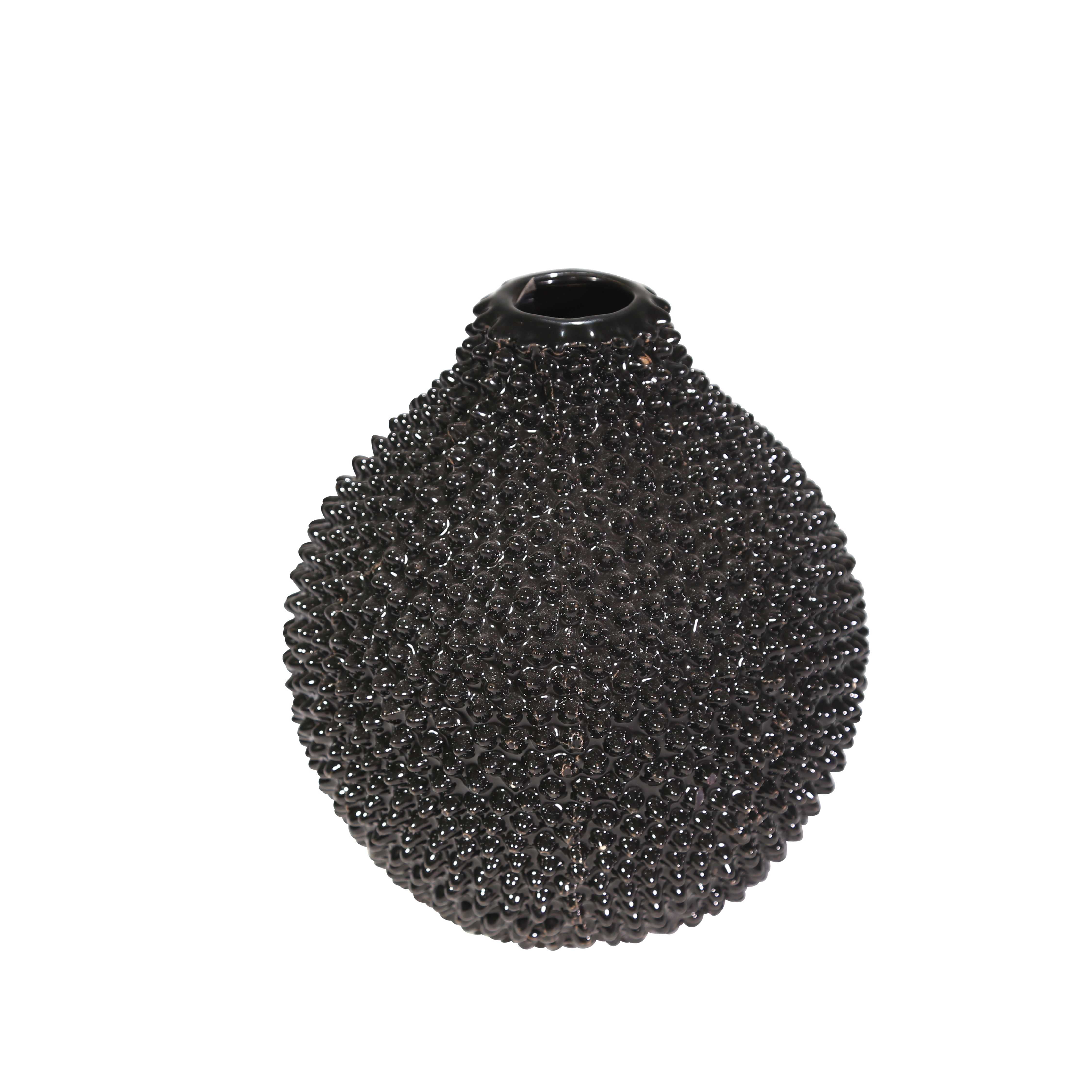 Bellied Ceramic Vase with Spiked Texture and Round Top, Small, Glossy Black