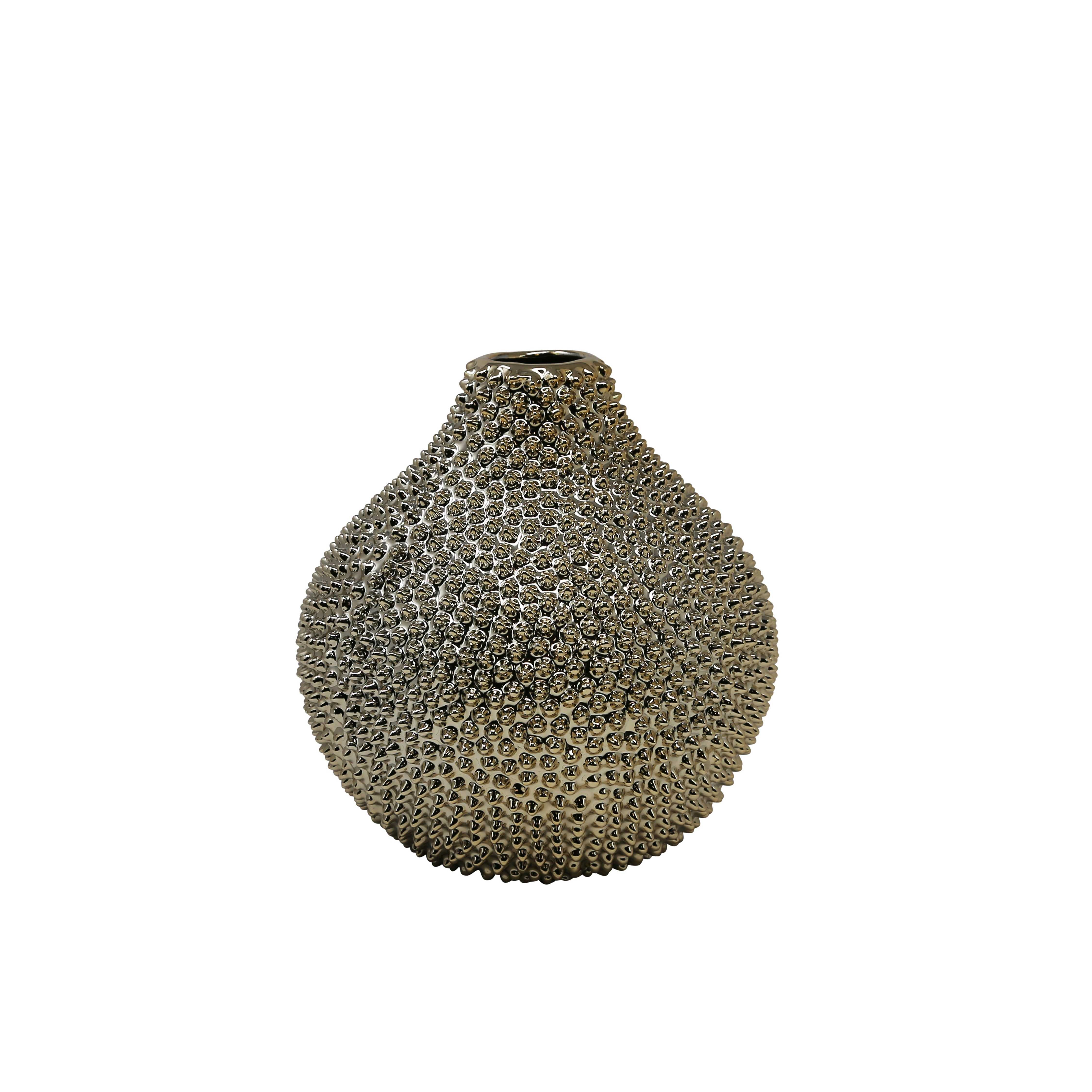 Bellied Ceramic Vase with Spiked Texture and Round Top, Large, Champagne Gold