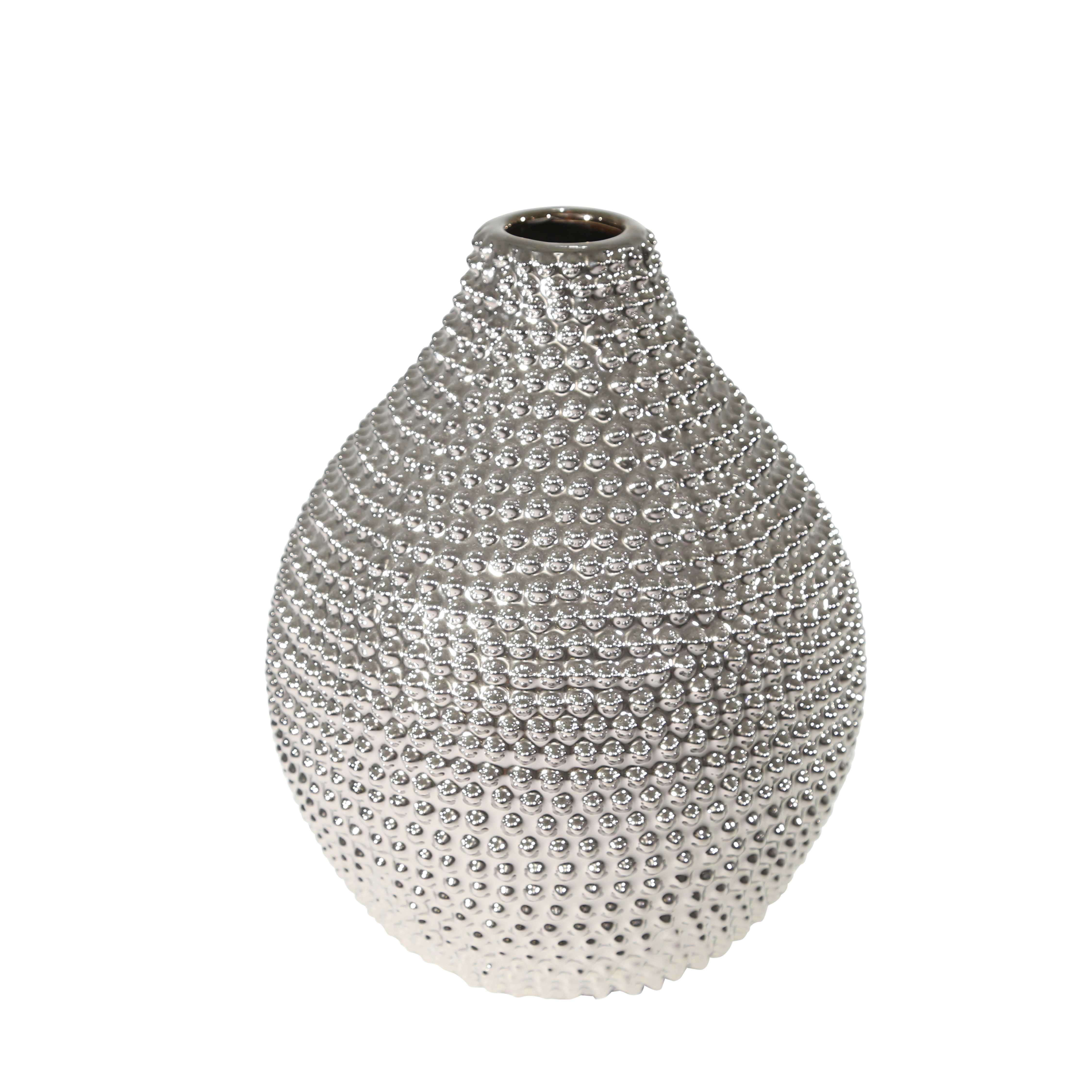 Modern Style Ceramic Vase with Spiked Texture and Round Top , Silver