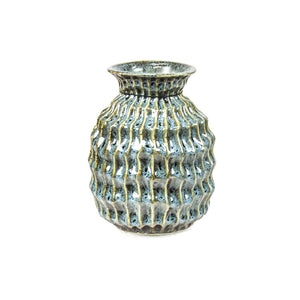 Engraved Textured Ceramic Vase with Flared Top and Bellied Bottom, Antique Blue