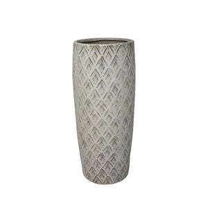 Ceramic Tapered Table Vase with Embossed Diamond Design, White