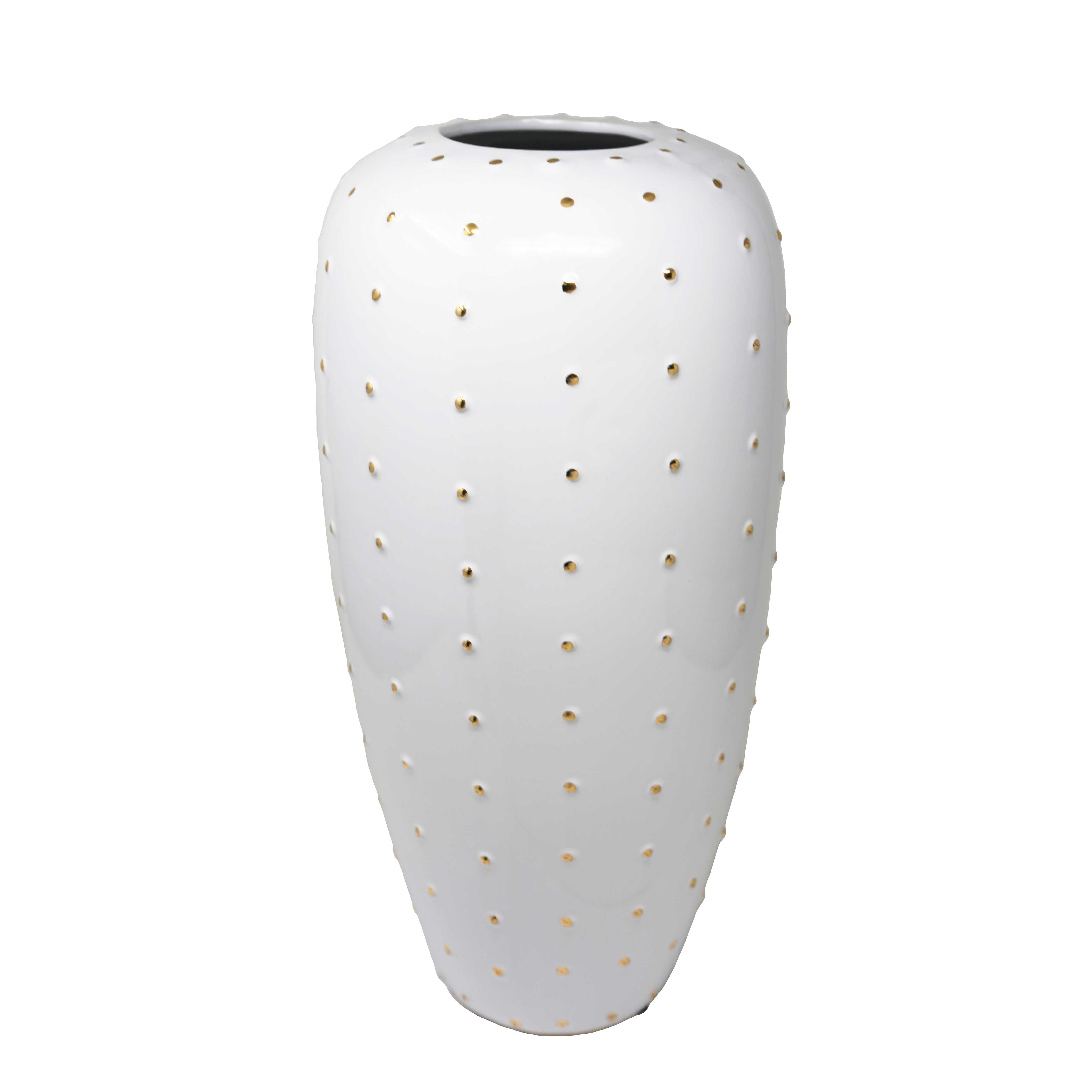 Decorative Ceramic Tapered Vase with Textured Dots Pattern, Gold and White