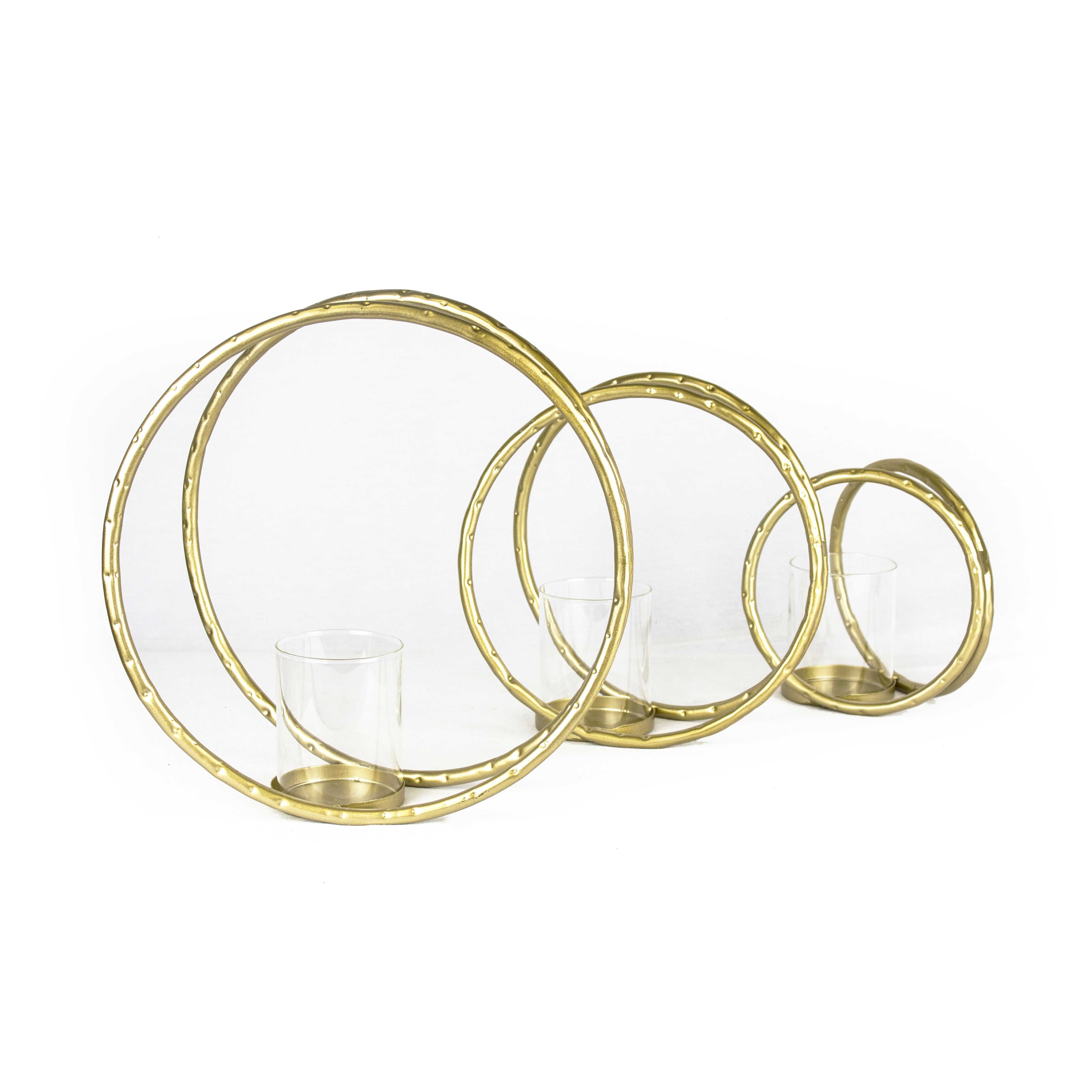 Round Metal Candle Holder with Glass Hurricane Stand, Set of Three, Gold