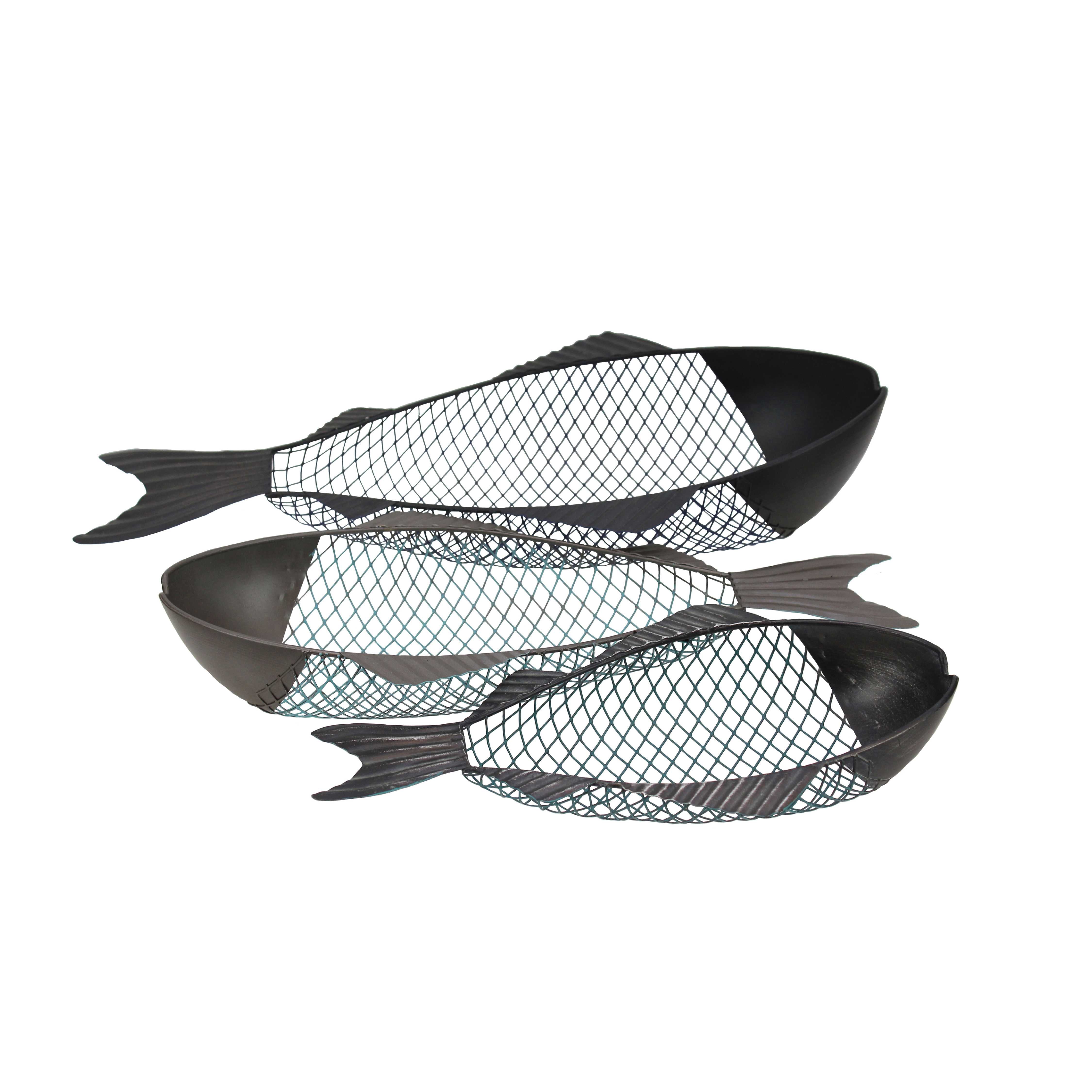 Fish Shaped Metal Trays with Wired Design, Set of Three, Black