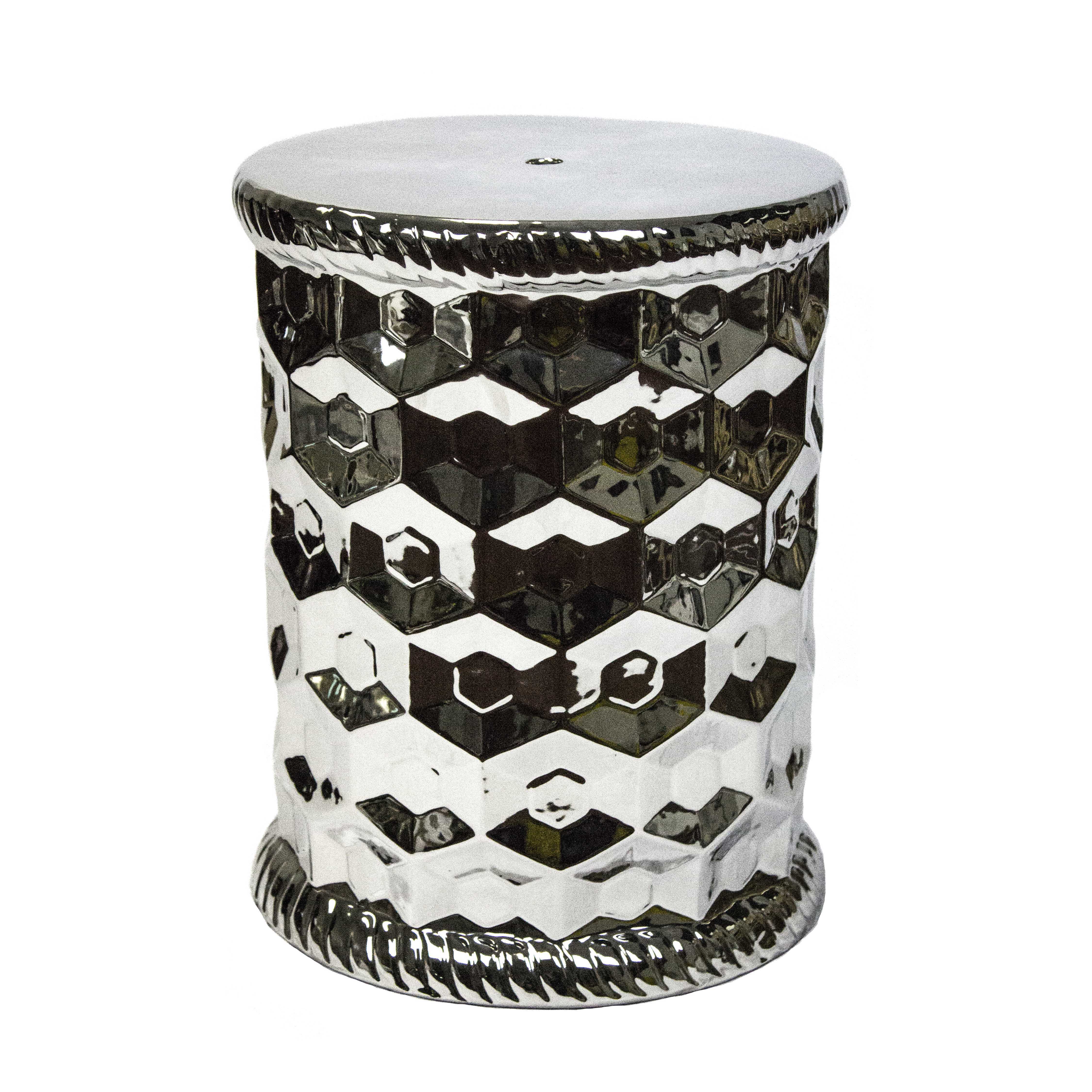 Ceramic Garden Stool with Embossed Hexagon Pattern, Silver and White