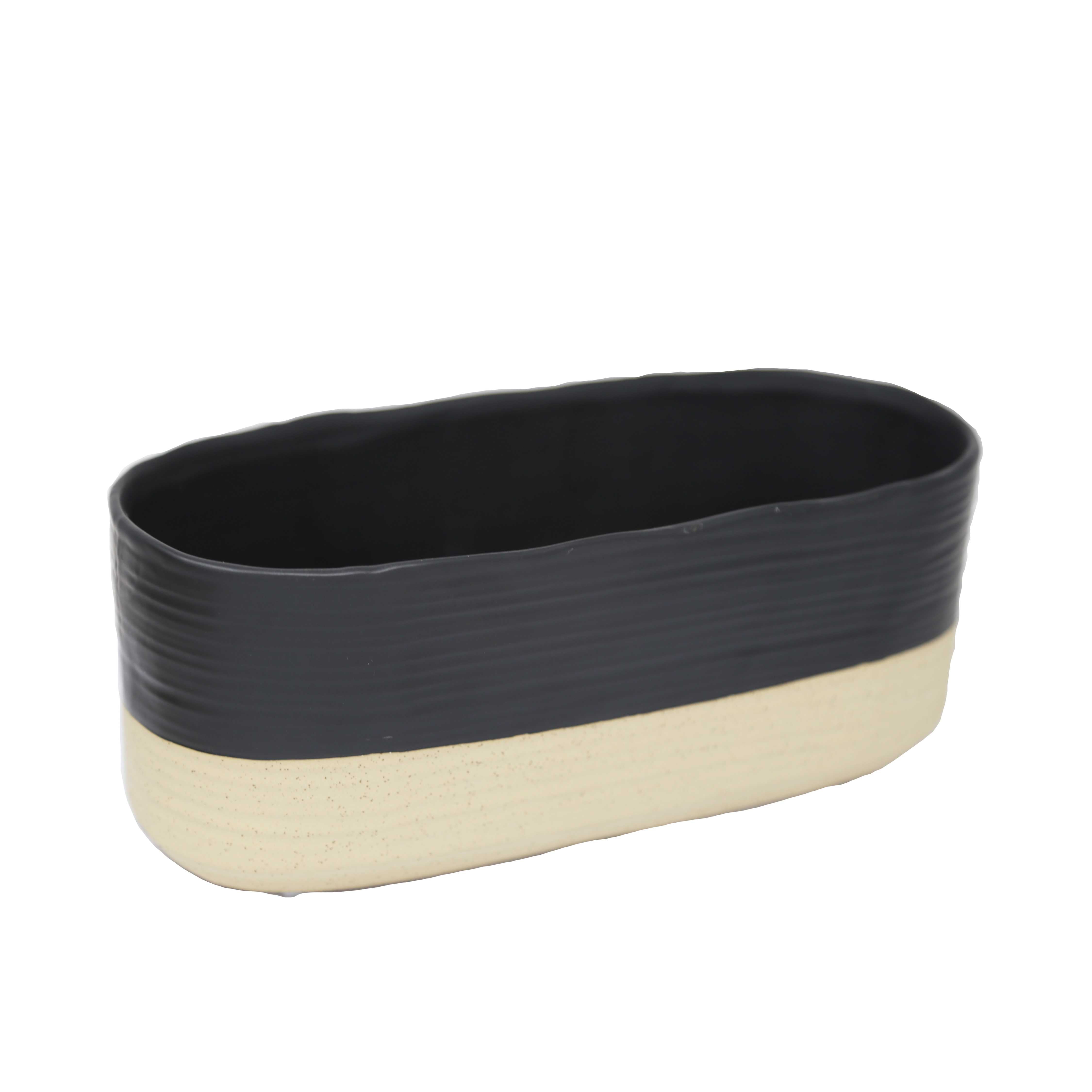 Two Tone Ceramic Oval Planter with Ribbed Texture, Black and Beige