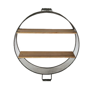 Iron Wire Round Wall Shelf with Two Fir Wood Shelves and Two Handles, Black and Brown