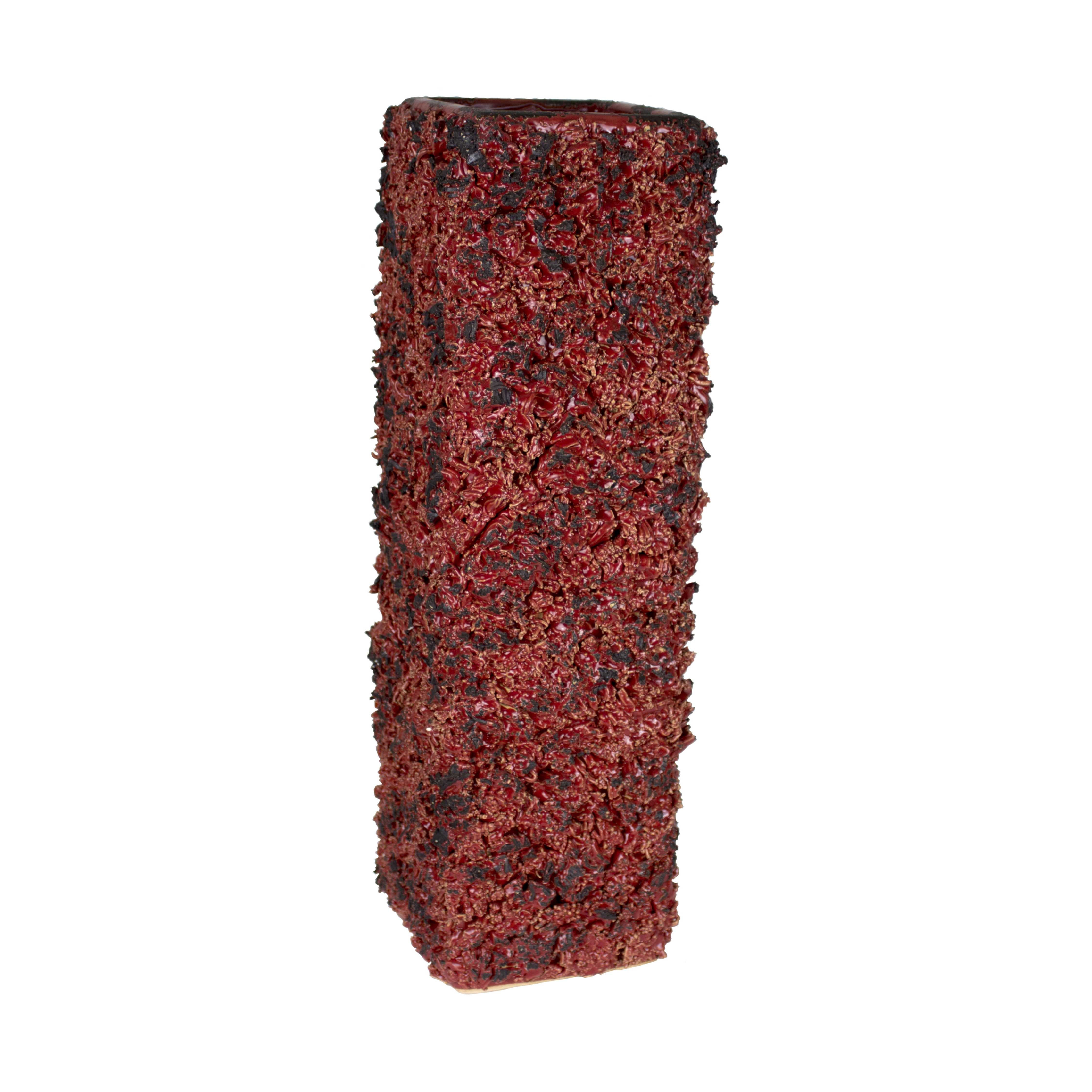 Square Textured Ceramic Vase with Wide Mouth Open, Red