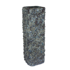 Square Textured Ceramic Vase with Wide Mouth Open, Blue and Gray