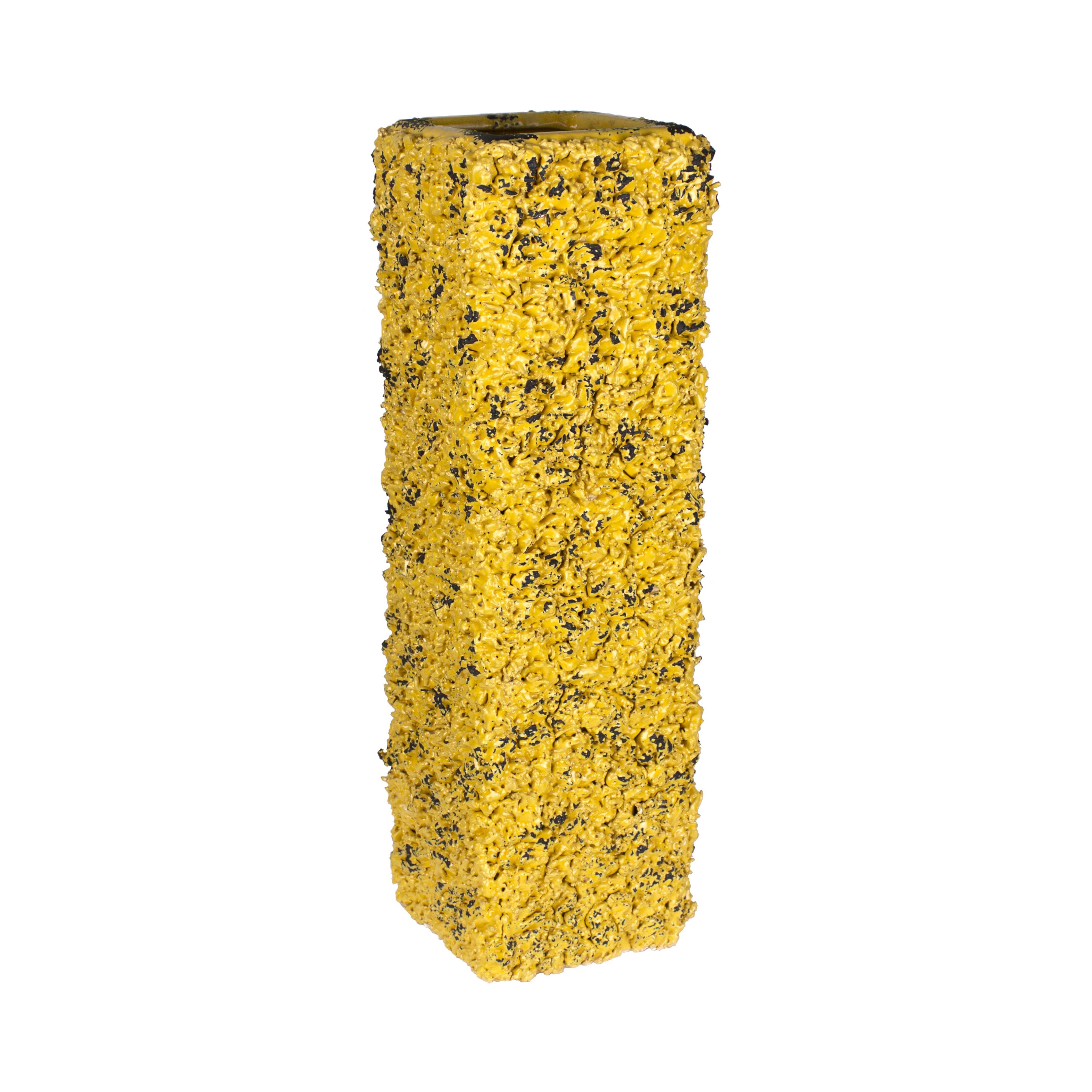 Square Textured Ceramic Vase with Wide Mouth Open, Yellow