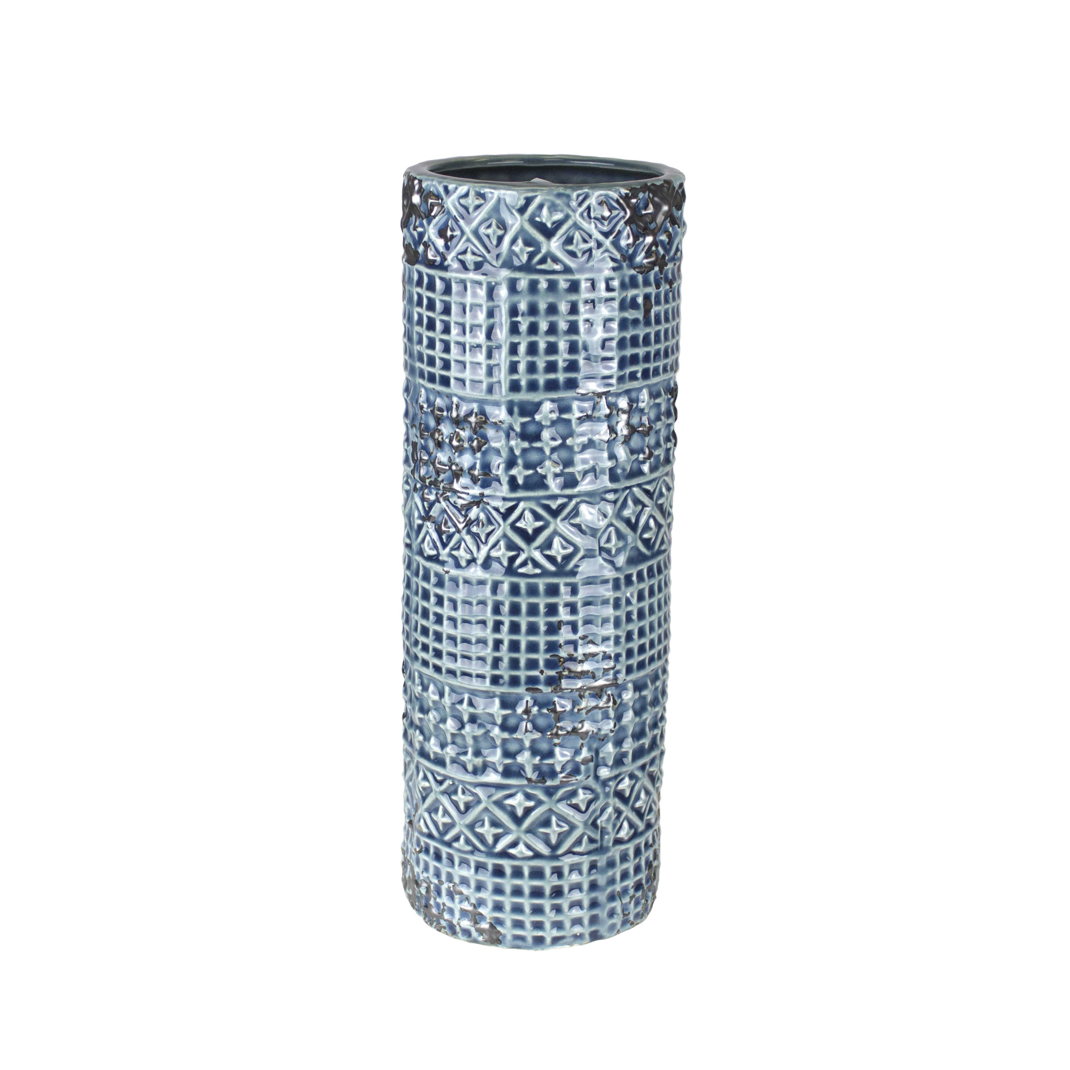 Ceramic Tall Cylindrical Vase with Geometric Embossed Pattern, Blue and White