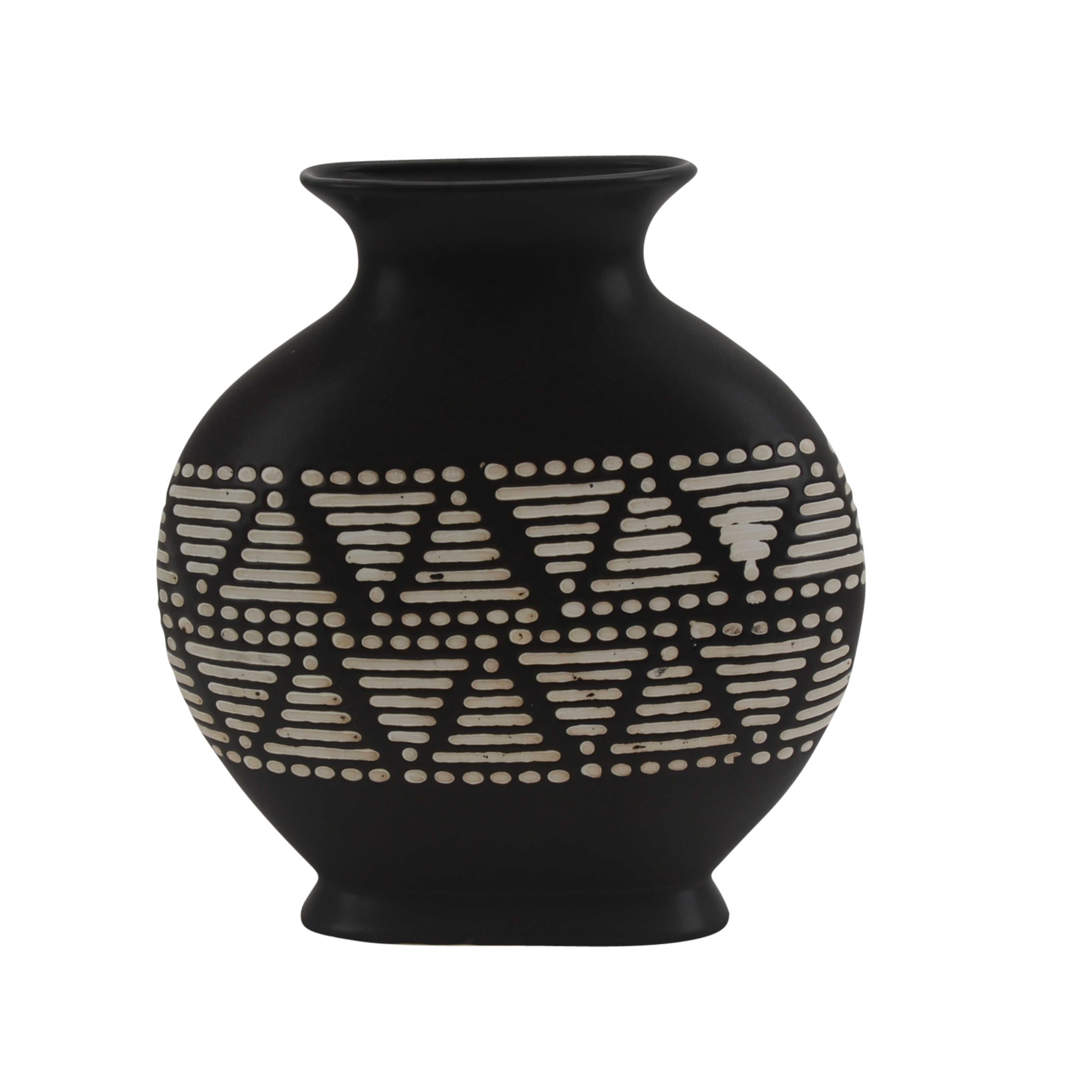 Contemporary Ceramic Tribal Vase with Pattern Design, Brown and Beige