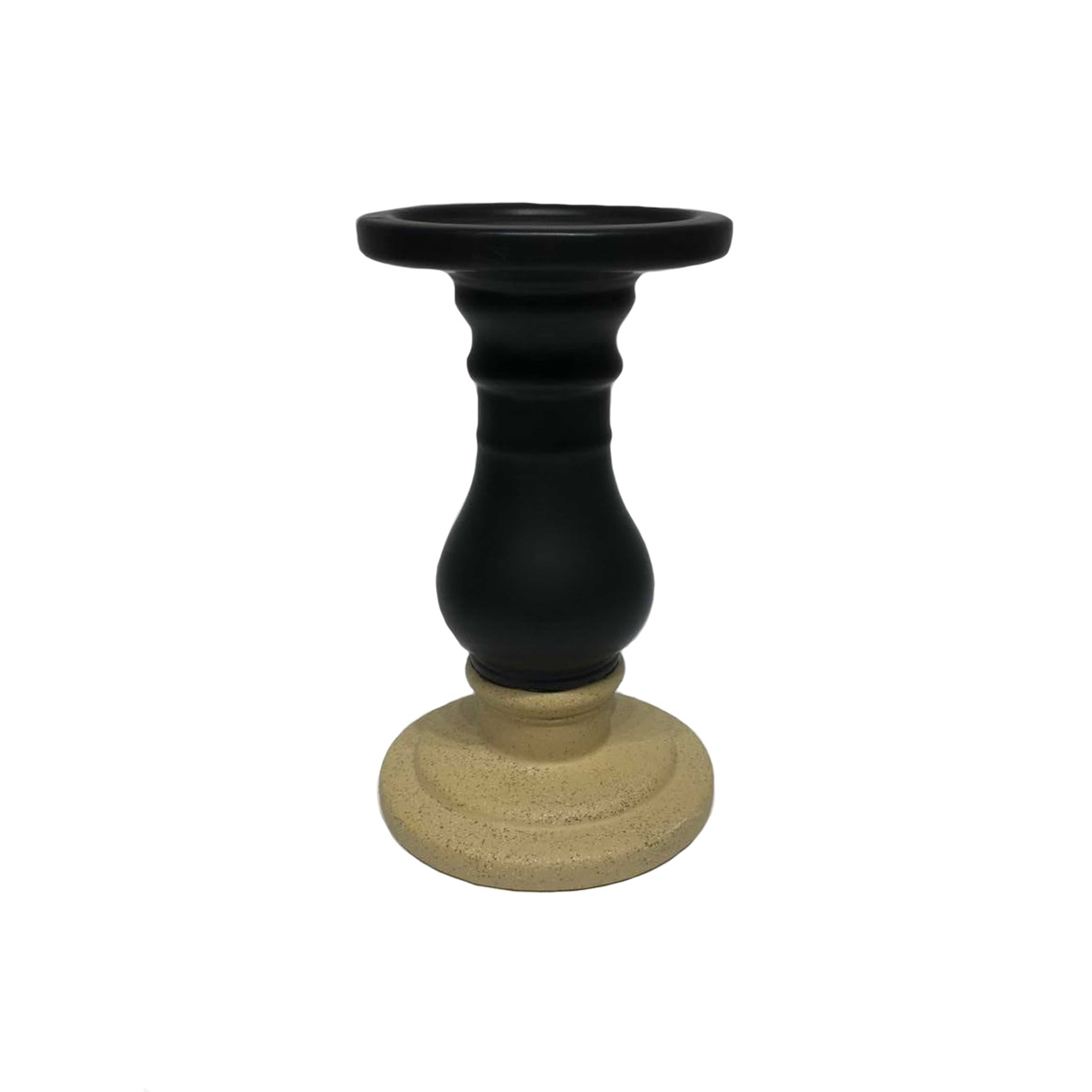 Two Tone Ceramic Pedestal Style Pillar Candle Holder, Small, Black and Beige