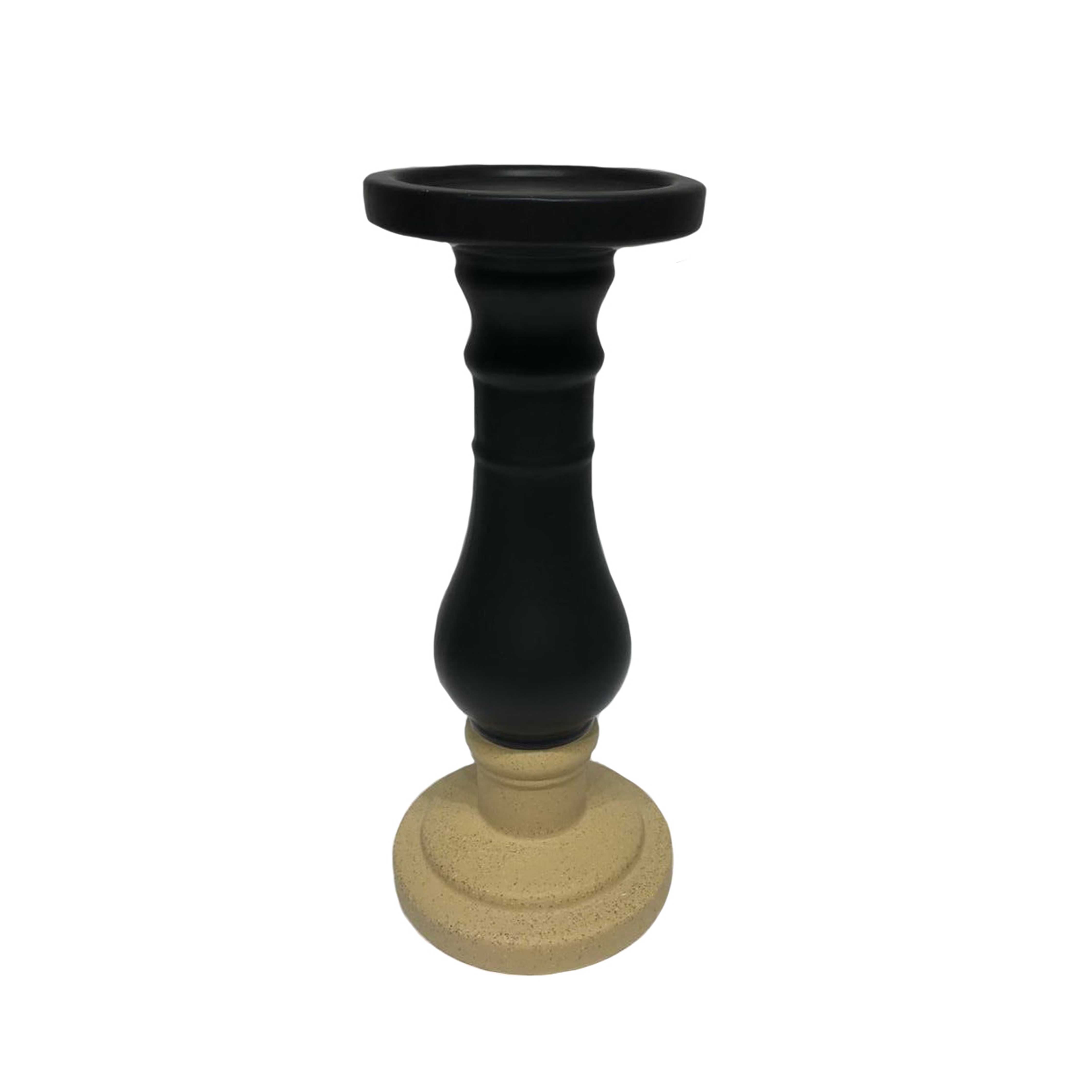 Two Tone Ceramic Pedestal Style Pillar Candle Holder, Large, Black and Beige