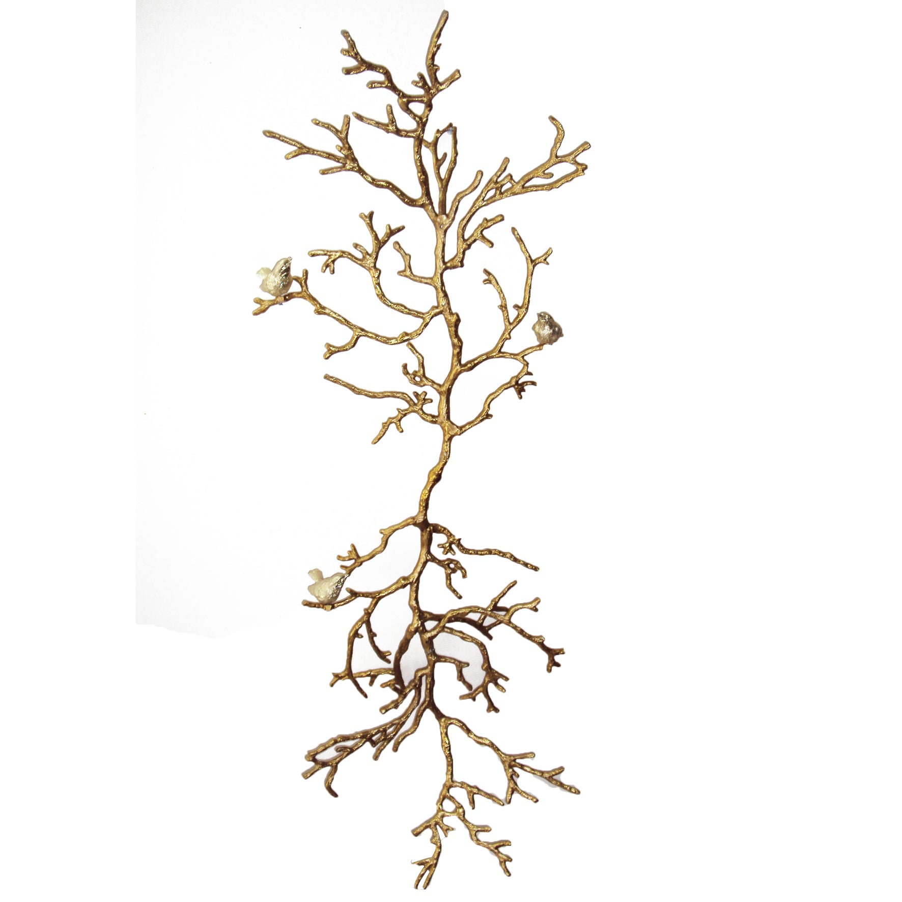 Branch Shape Aluminum Wall decor with Four Bird Accents, Gold