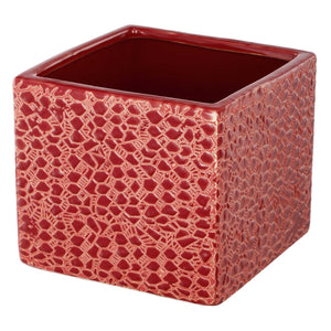 Square Shape Stoneware Vase with intricate Pattern, Short, Red