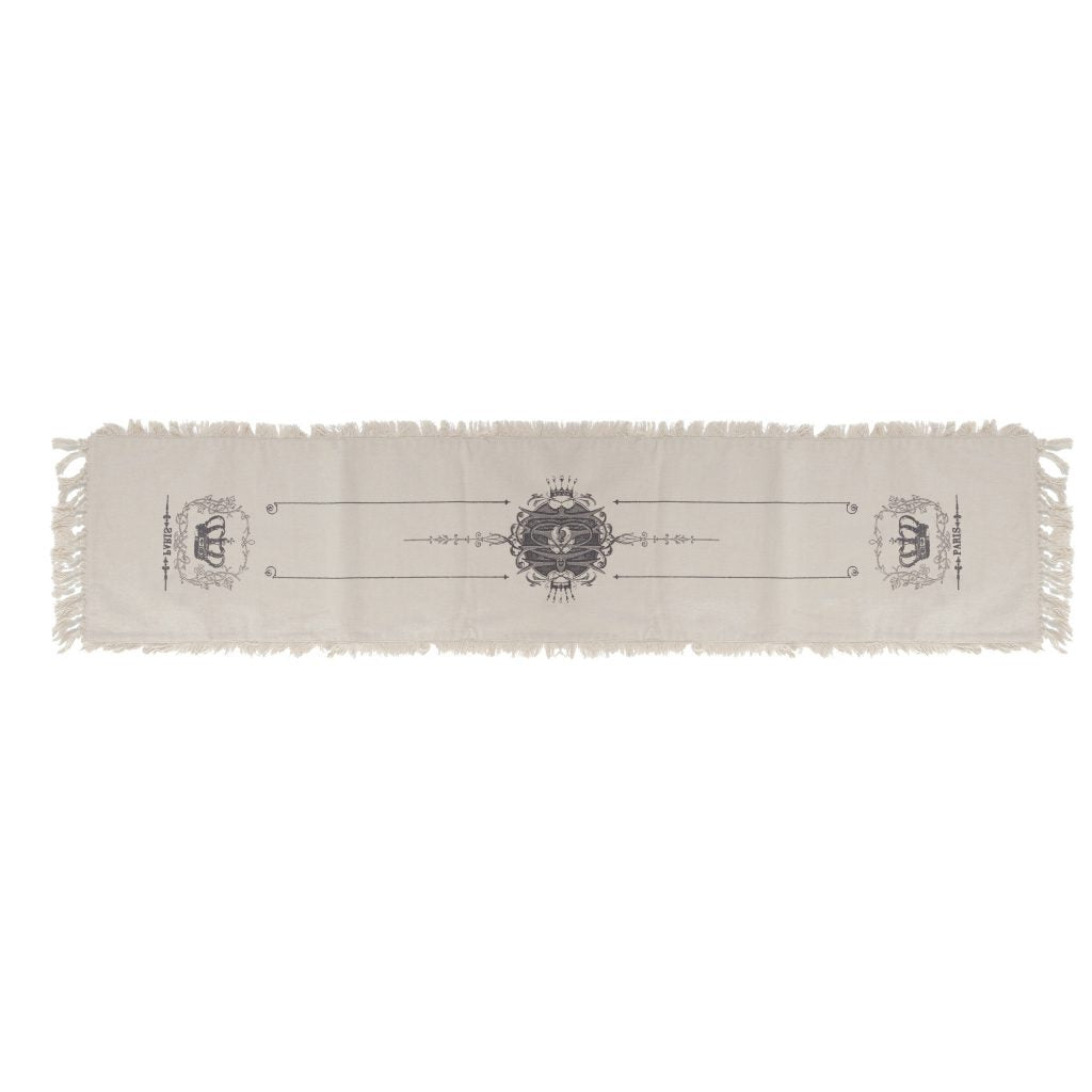 Rectangular Shaped Cotton Table Runner with Paris Influenced Designs, Gray and White