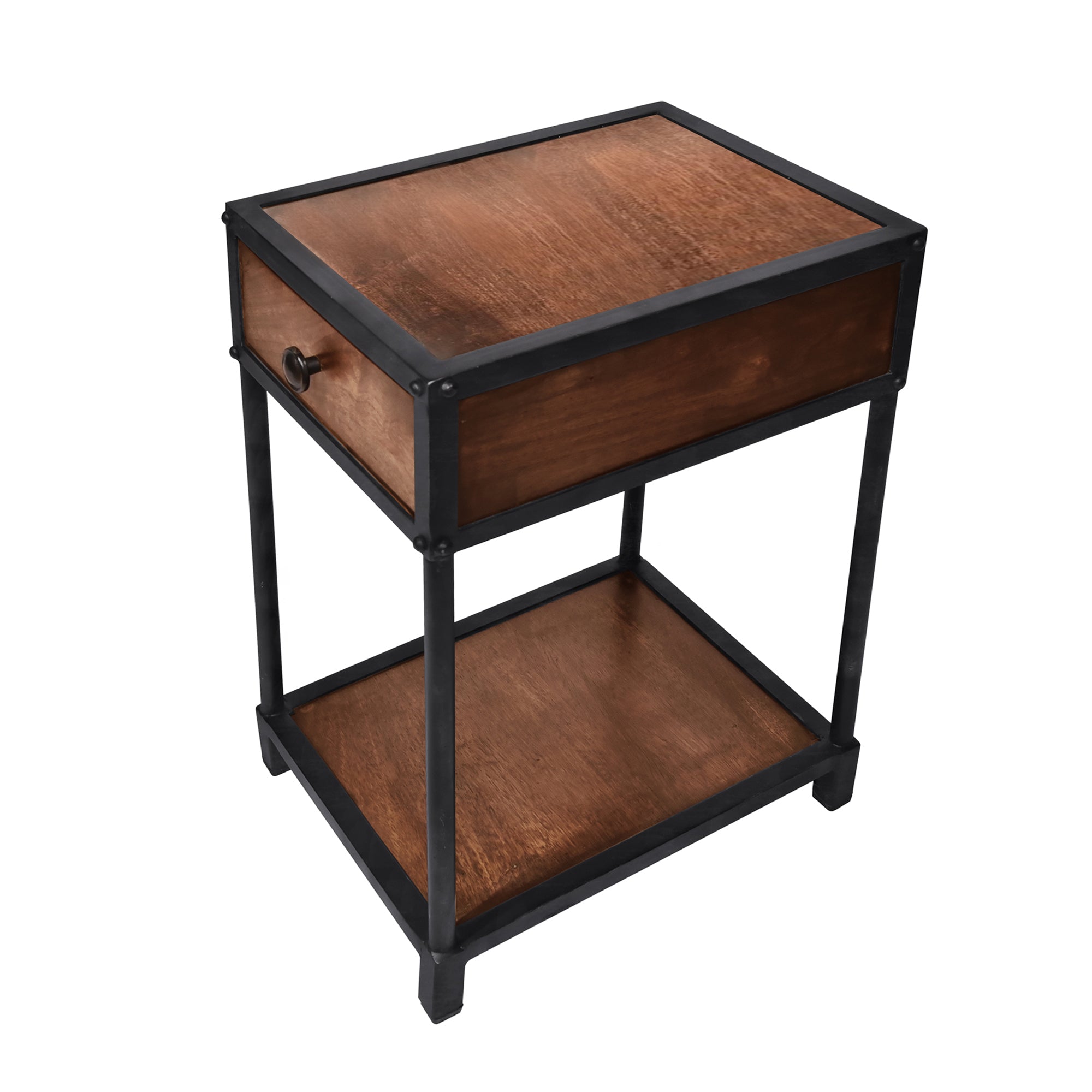 Metal Framed Mango Wood End Table with Drawer and Open Base, Brown and Black