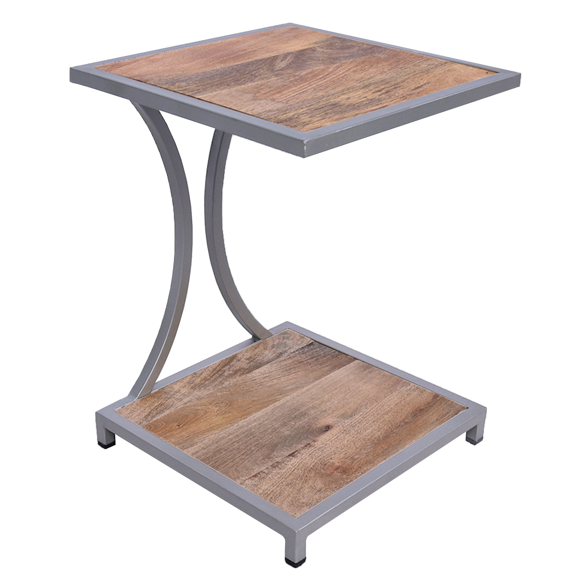 Plank Style Mango Wood End Table with Metal Framing and Open Shelf, Brown and Gray