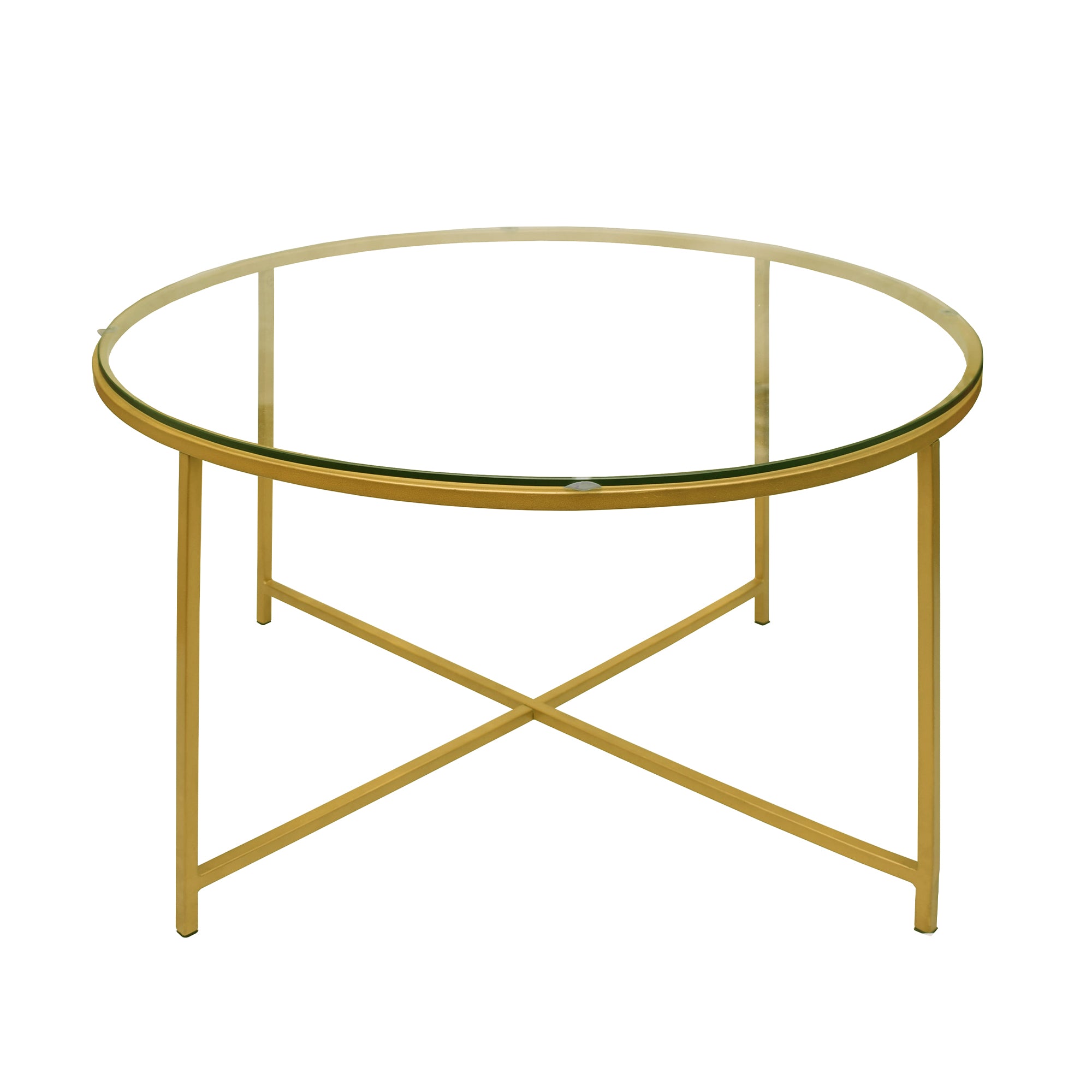 Round Metal Coffee Table With Glass Top and X Shape Base, Gold and Clear