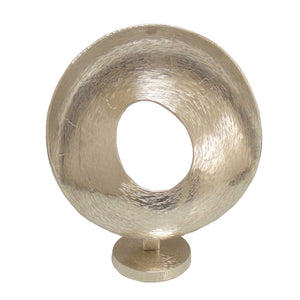 Decorative Metal Abstract Ring Sculpture with Cutout Center and Round Base, Silver