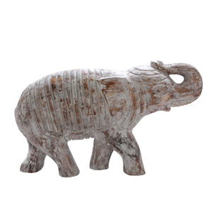 Distressed Mango Wood Trumpeting Elephant Figurine, Washed White