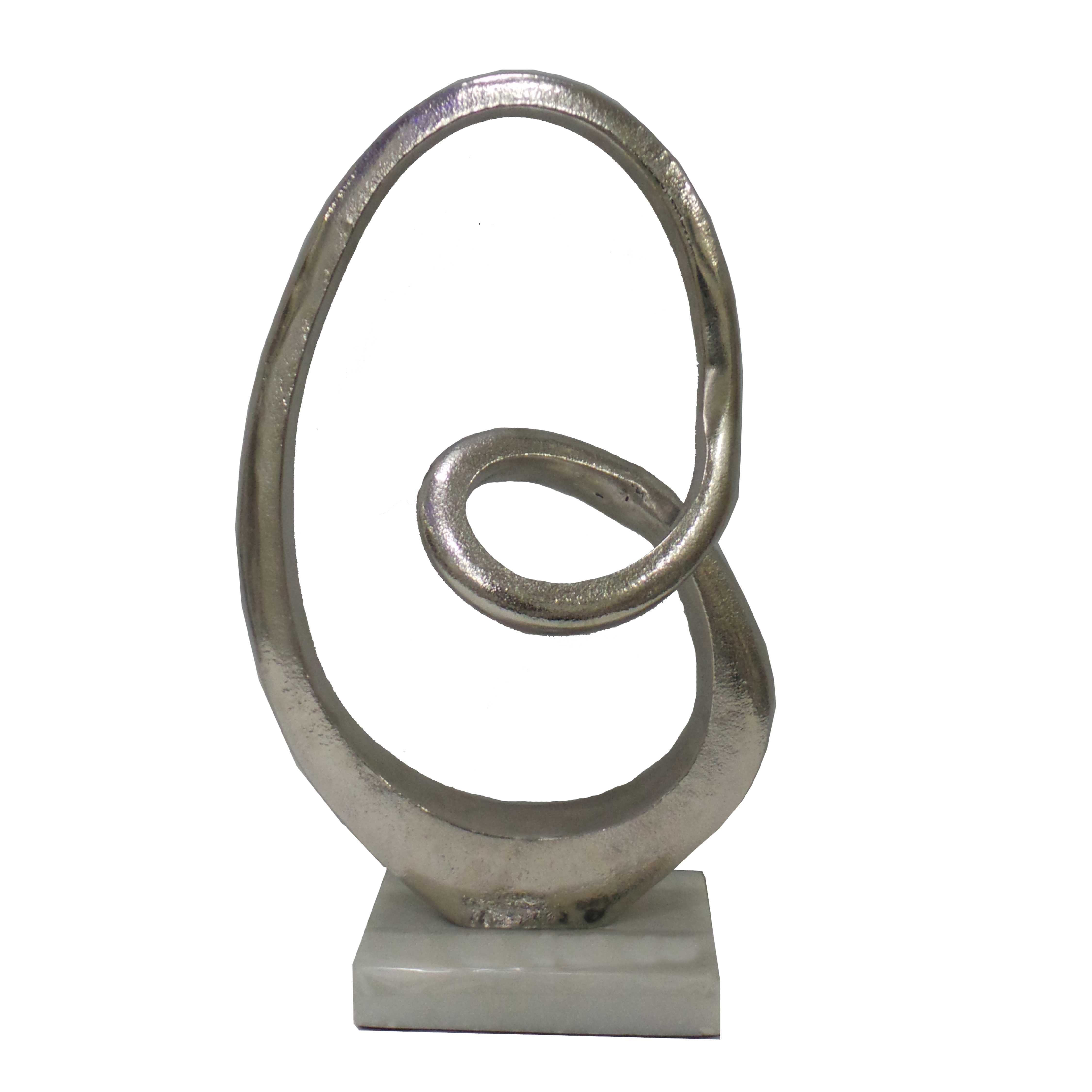 Metal Abstract Loop Sculpture on Marble Base, Silver and White