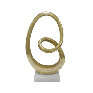 Metal Abstract Loop Sculpture on Marble Base, Gold and White