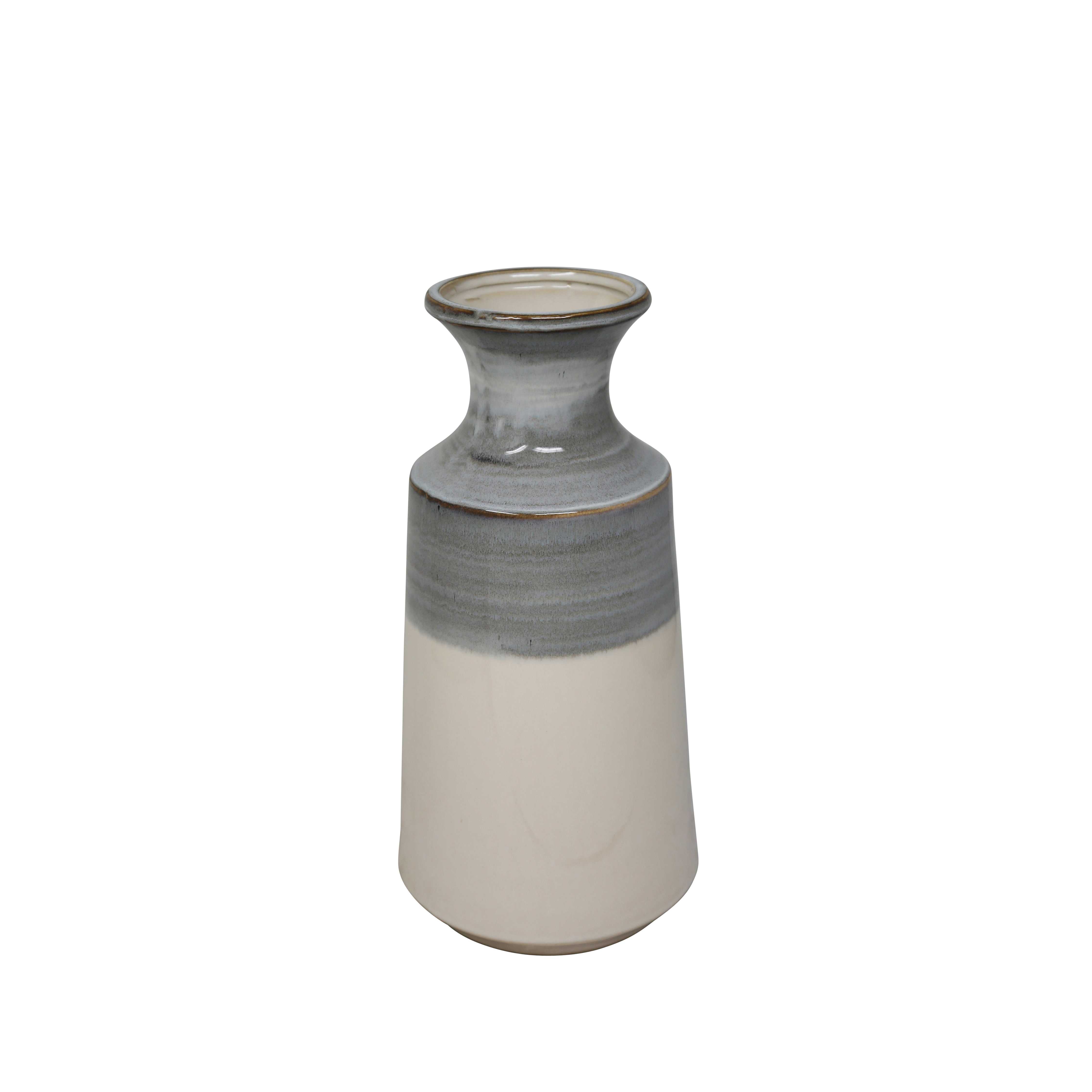 Transitional Style Decorative Ceramic Vase with Flared Opening, Medium, Gray and White