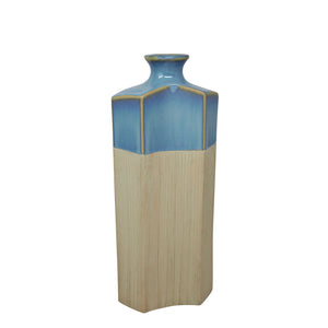 Decorative Ceramic Vase with Geometric Shape and Funnel Opening, Large, Blue and Beige