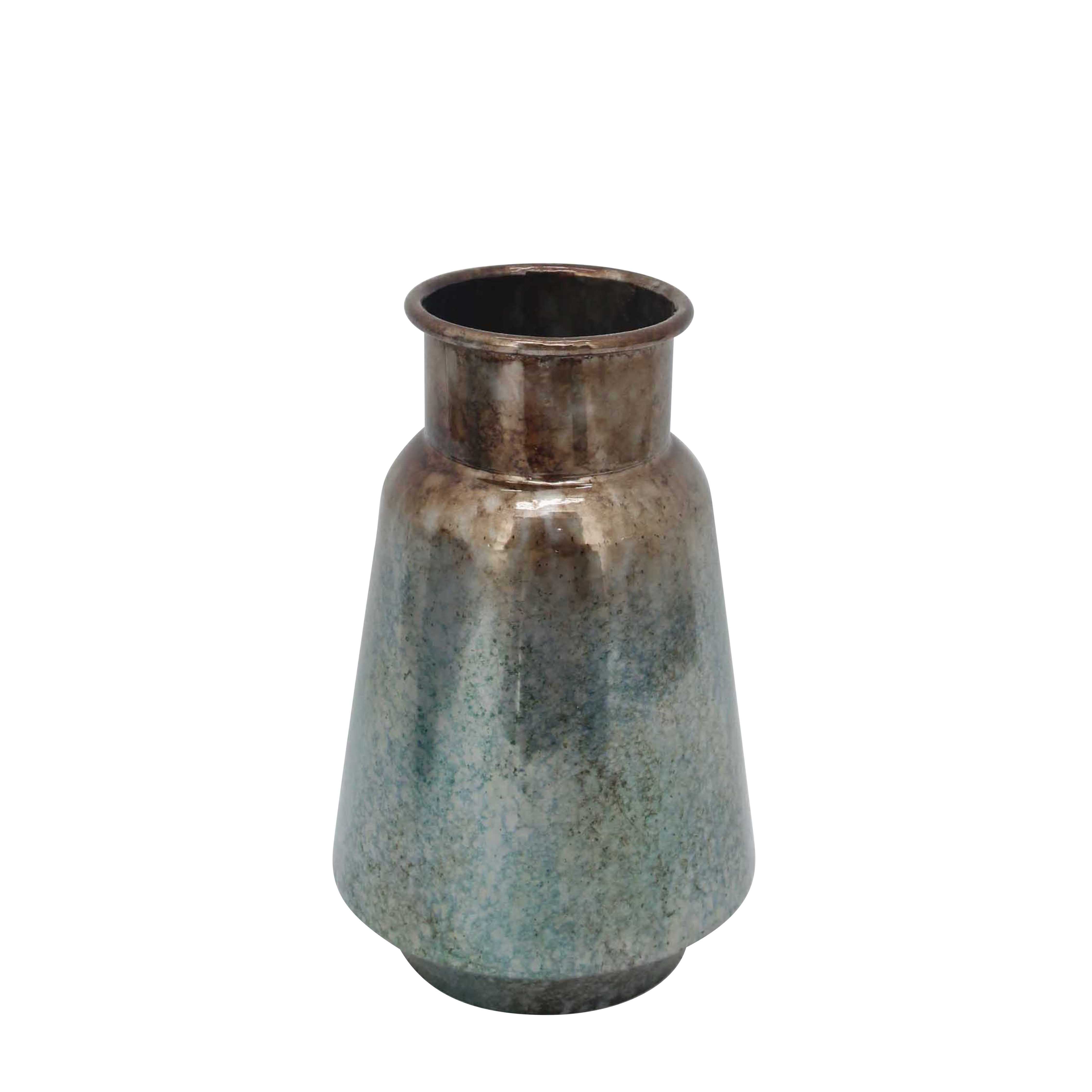 Rustic Style Metal Vase with Round Top and Flared Body, Medium, Bronze and Blue