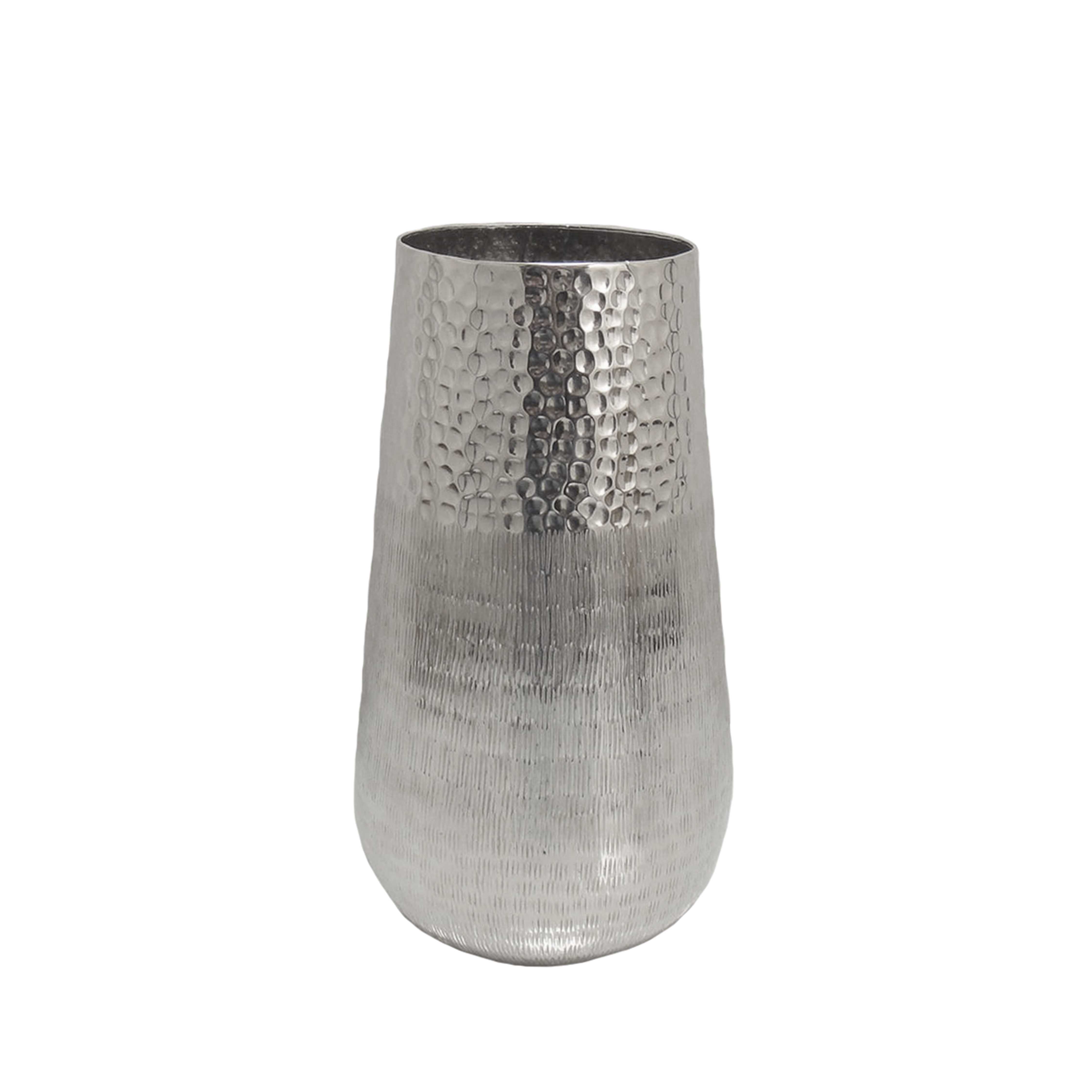 Metal Vase with Hammered Surface and Round Bottom, Silver