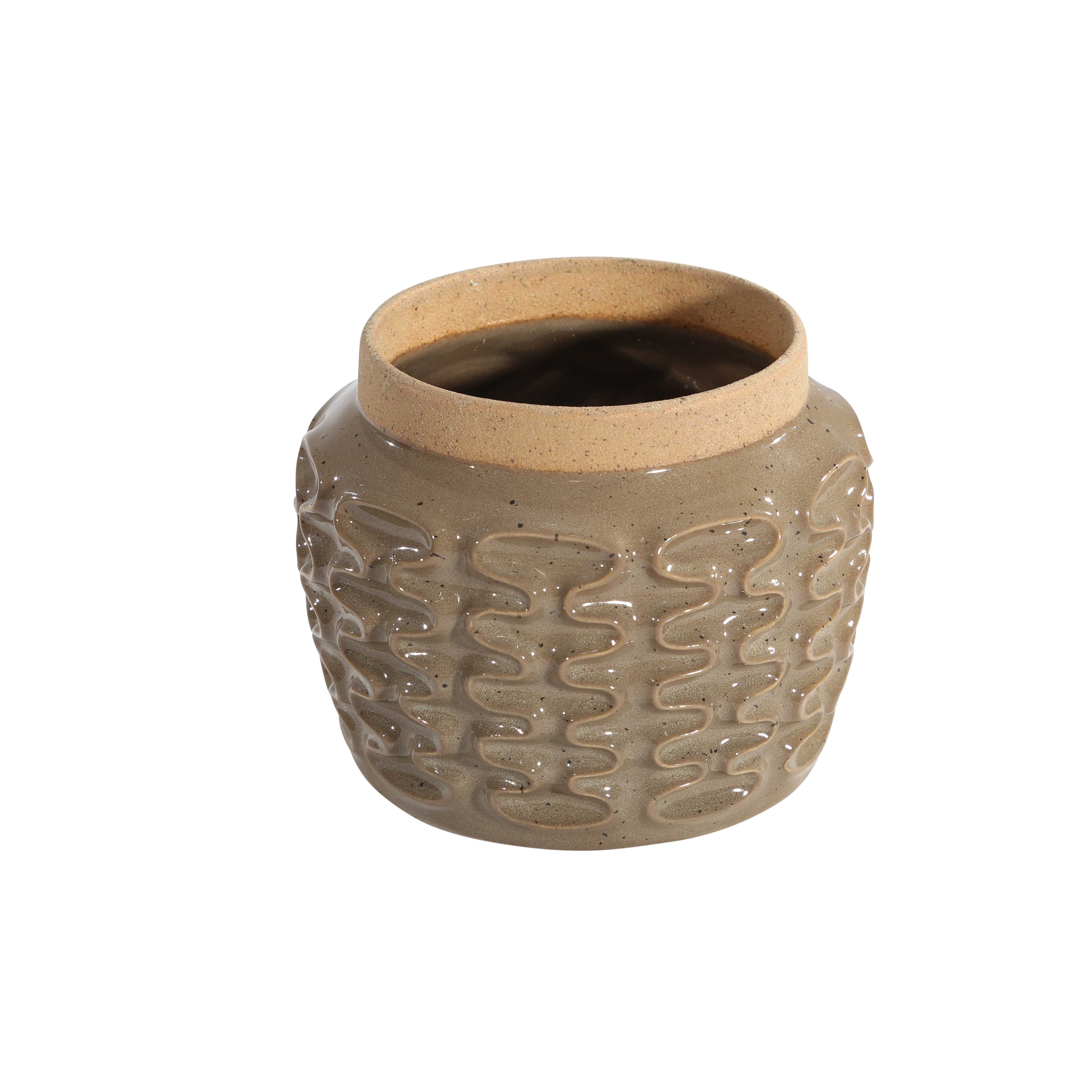 Ceramic Vase with Soundwave Pattern and Round Rim, Beige and Brown